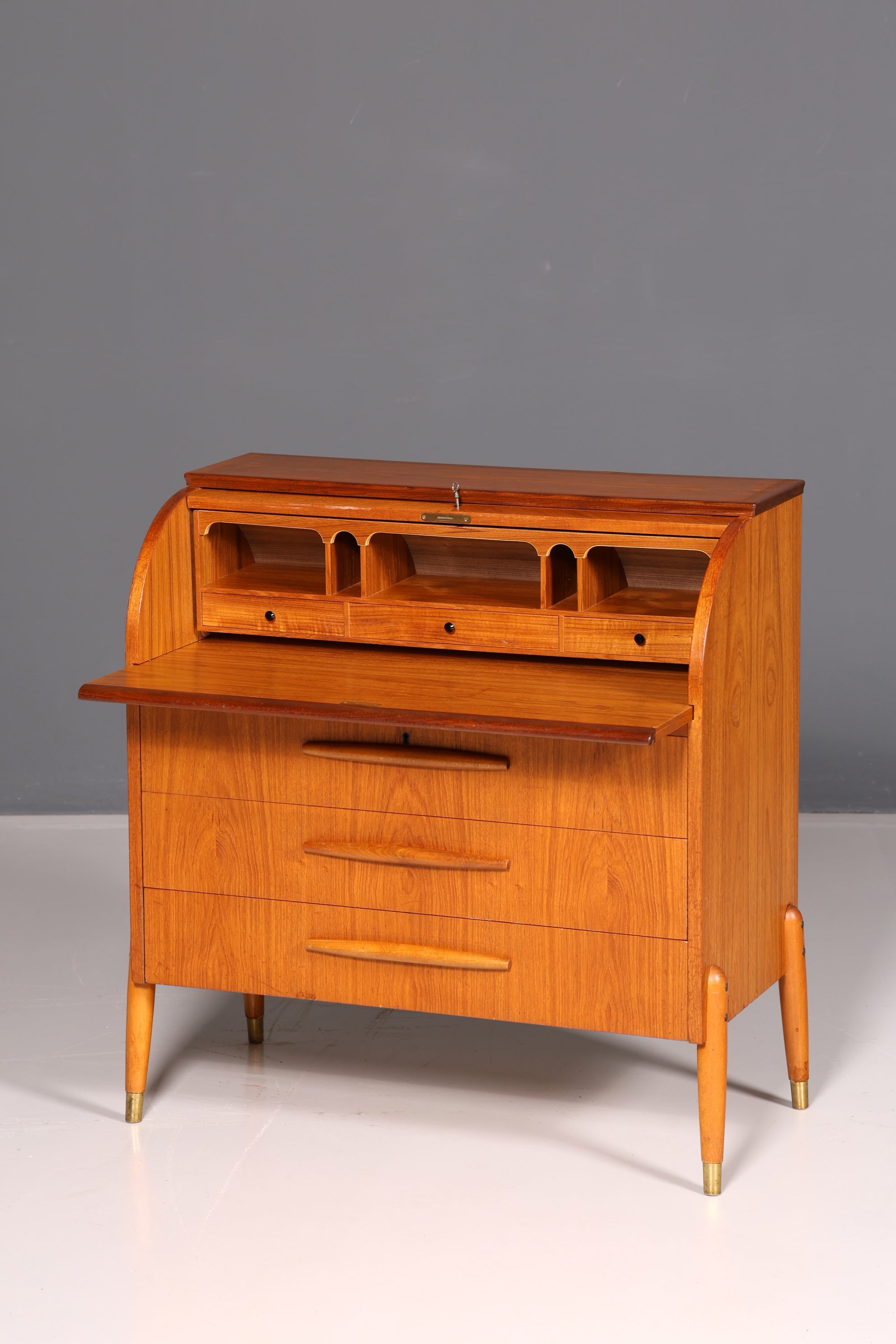 Beautiful mid-century roll-top writing bureau, desk, office cabinet, vintage 1960s wood