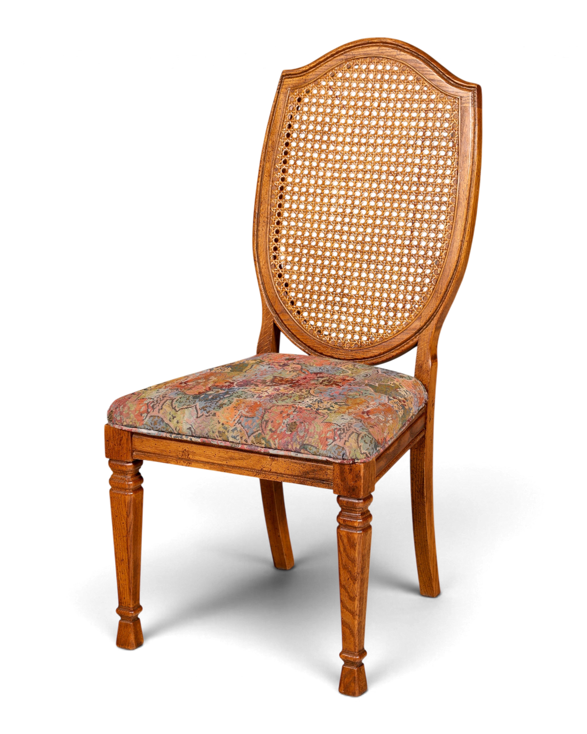 Hauptstadt Möblerei Stuhl mit ovaler Wiener Geflecht Rückenlehne und buntem Polstersitz aus Holz