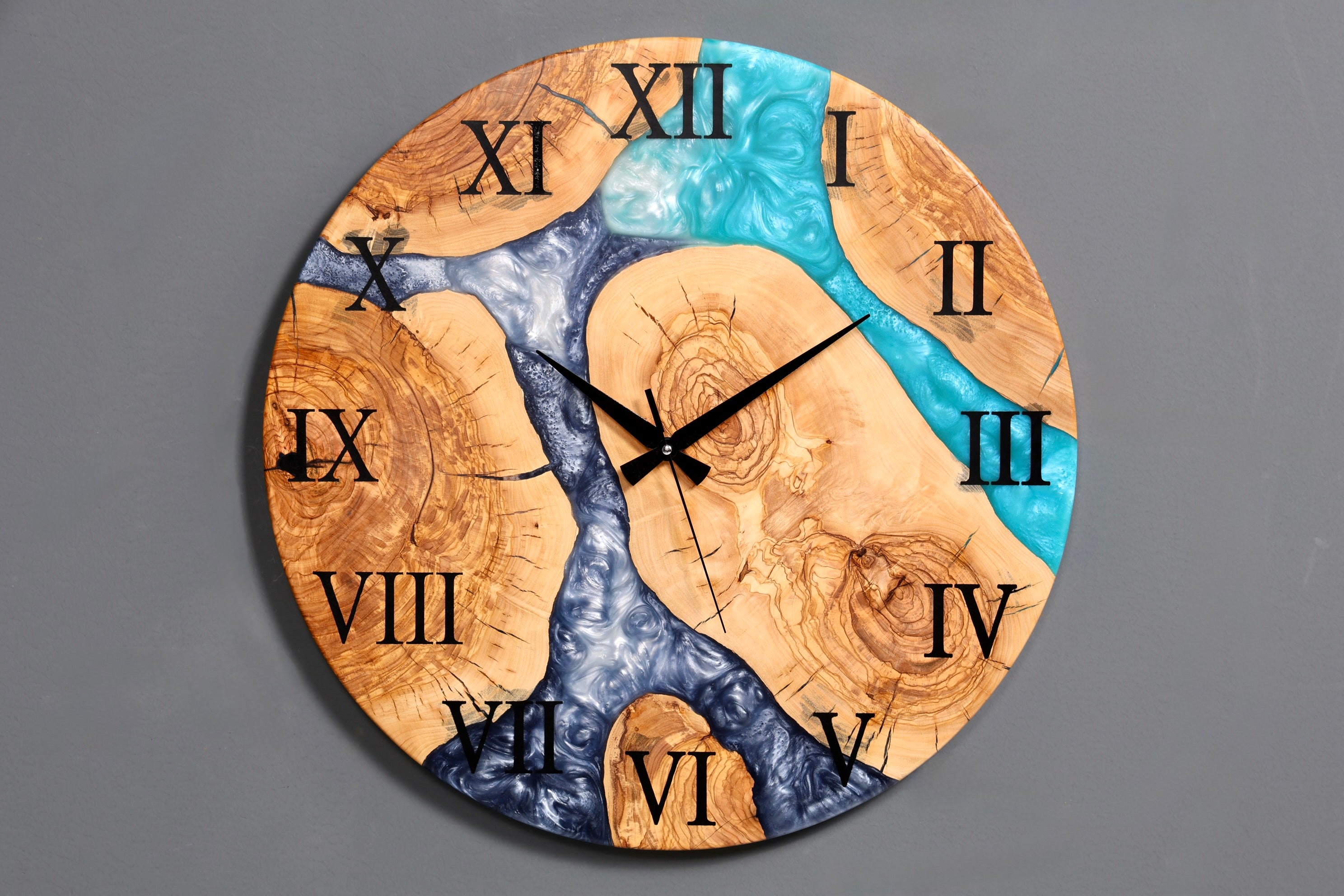 Wunderschöne Handgefertigte Epoxidharz Wanduhr Olivenbaum Blue Ocean Uhr Epoxy Analog Uhr