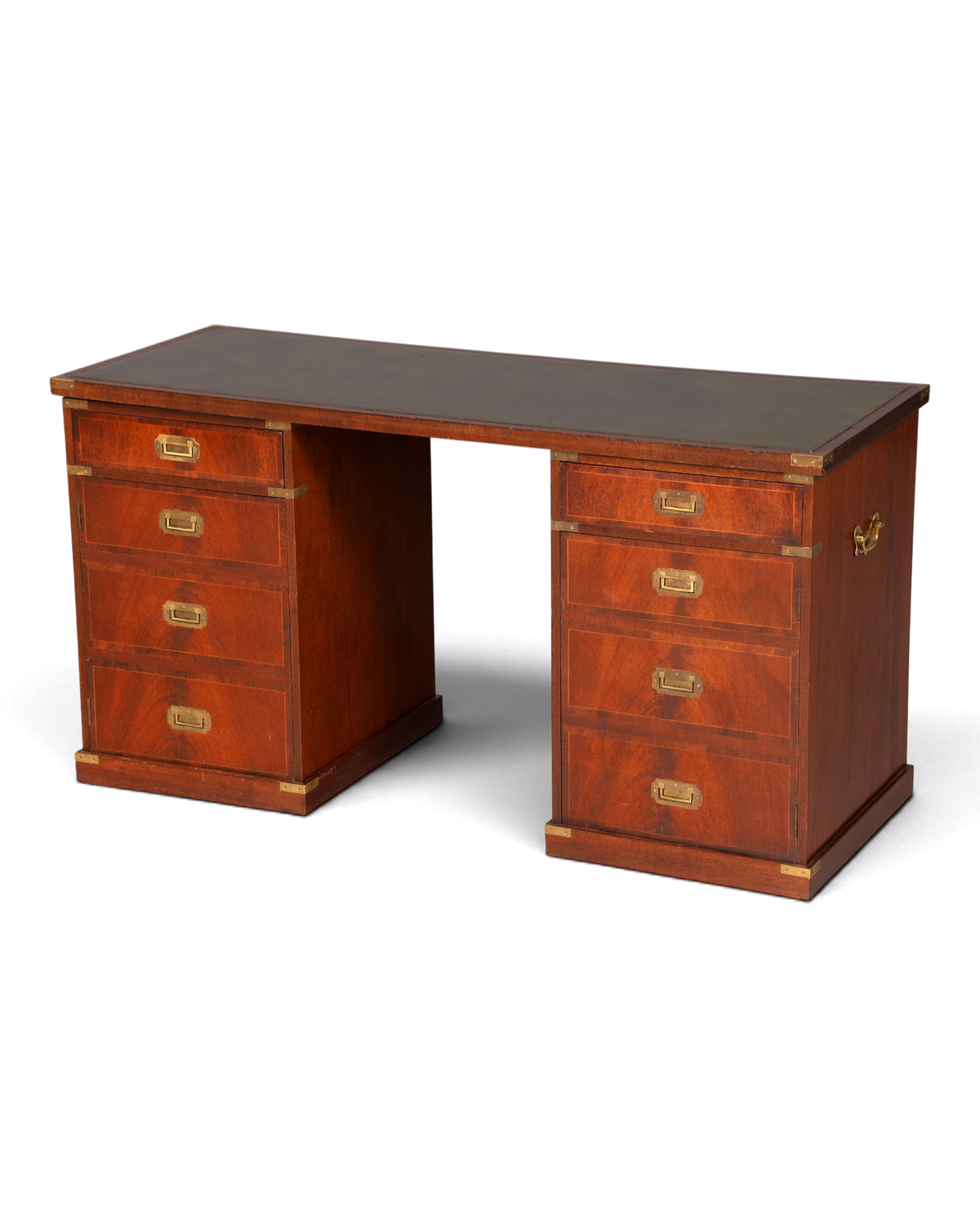 Hauptstadt Möblerei maritimer Military Chest Schreibtisch aus Holz mit grüner Lederauflage und Messingbeschlägen