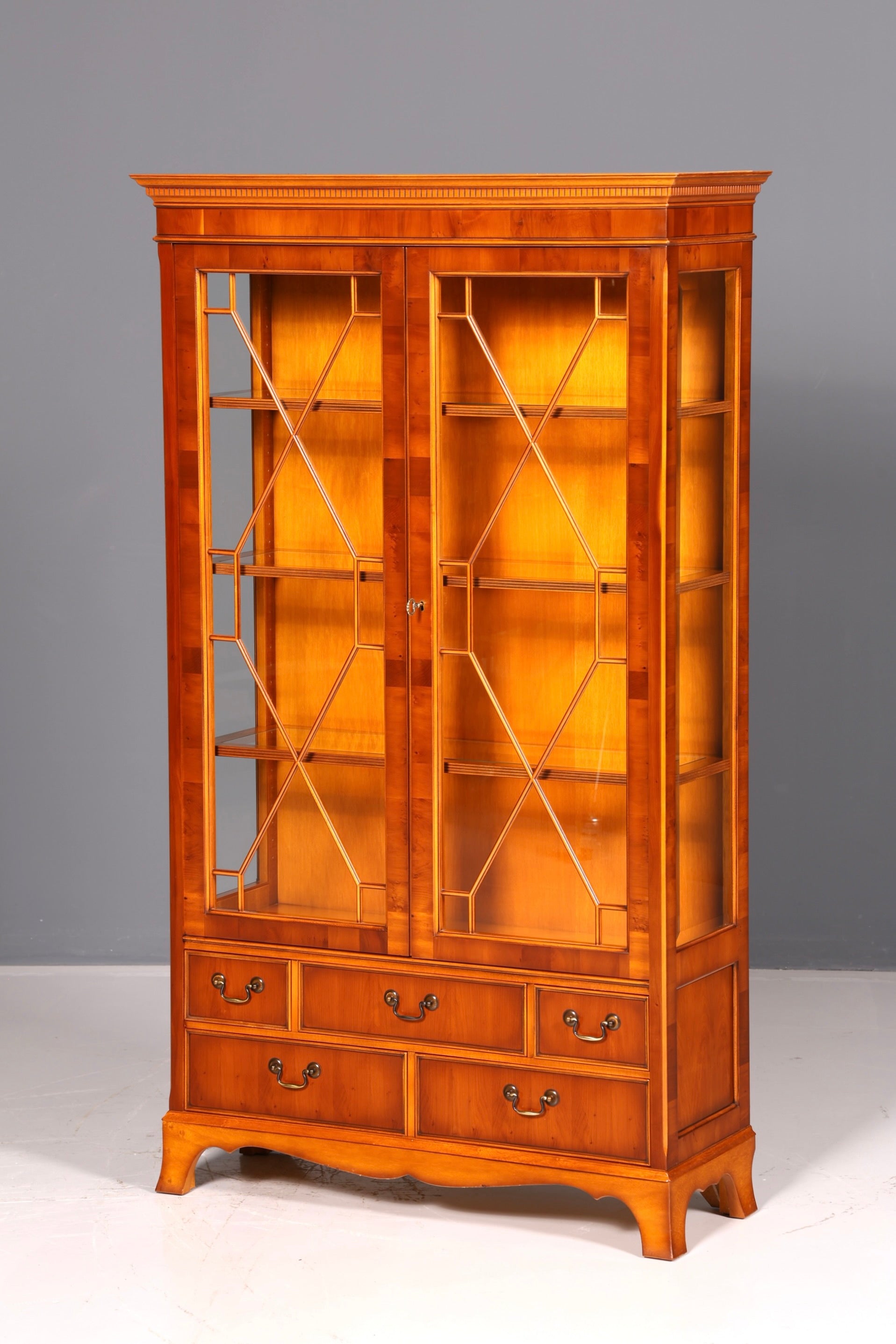 Beautiful Original Heldense Display Cabinet, English Yew Bookcase, Glass Cabinet with Lighting