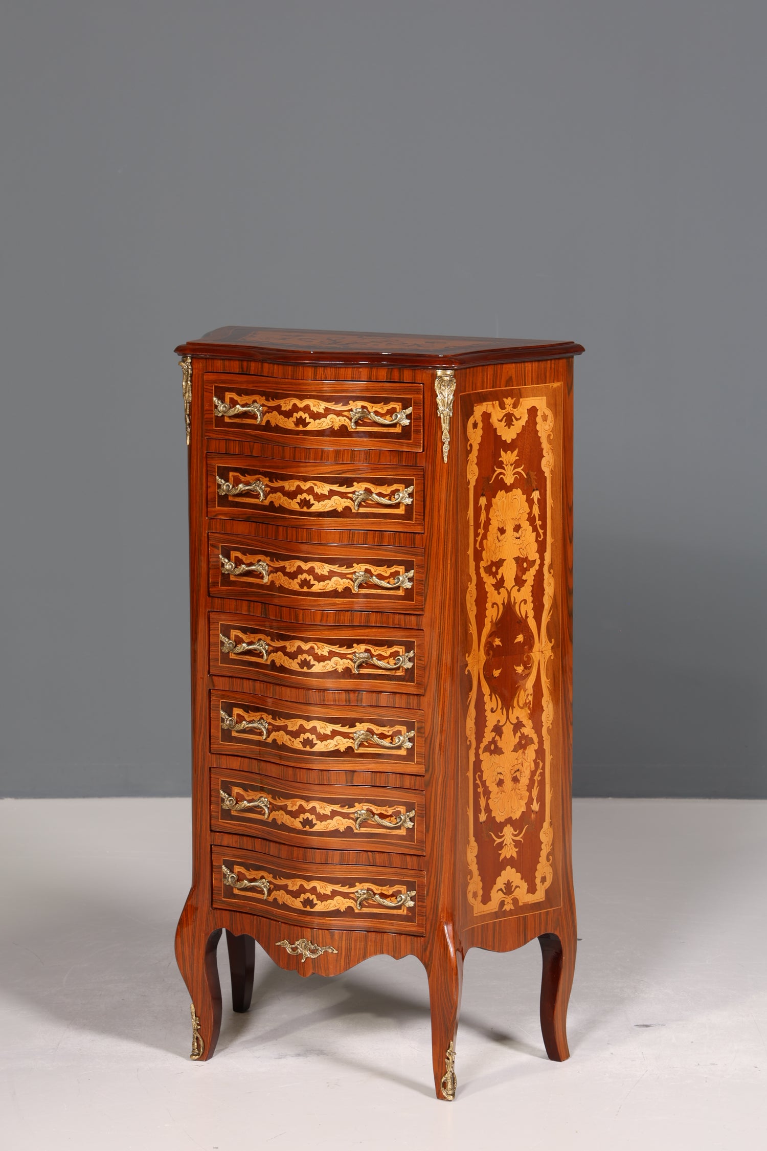 Traumhaftes Barock Stil Louis XV Highboard Intarsien Vertiko Kommode Schubladenkommode