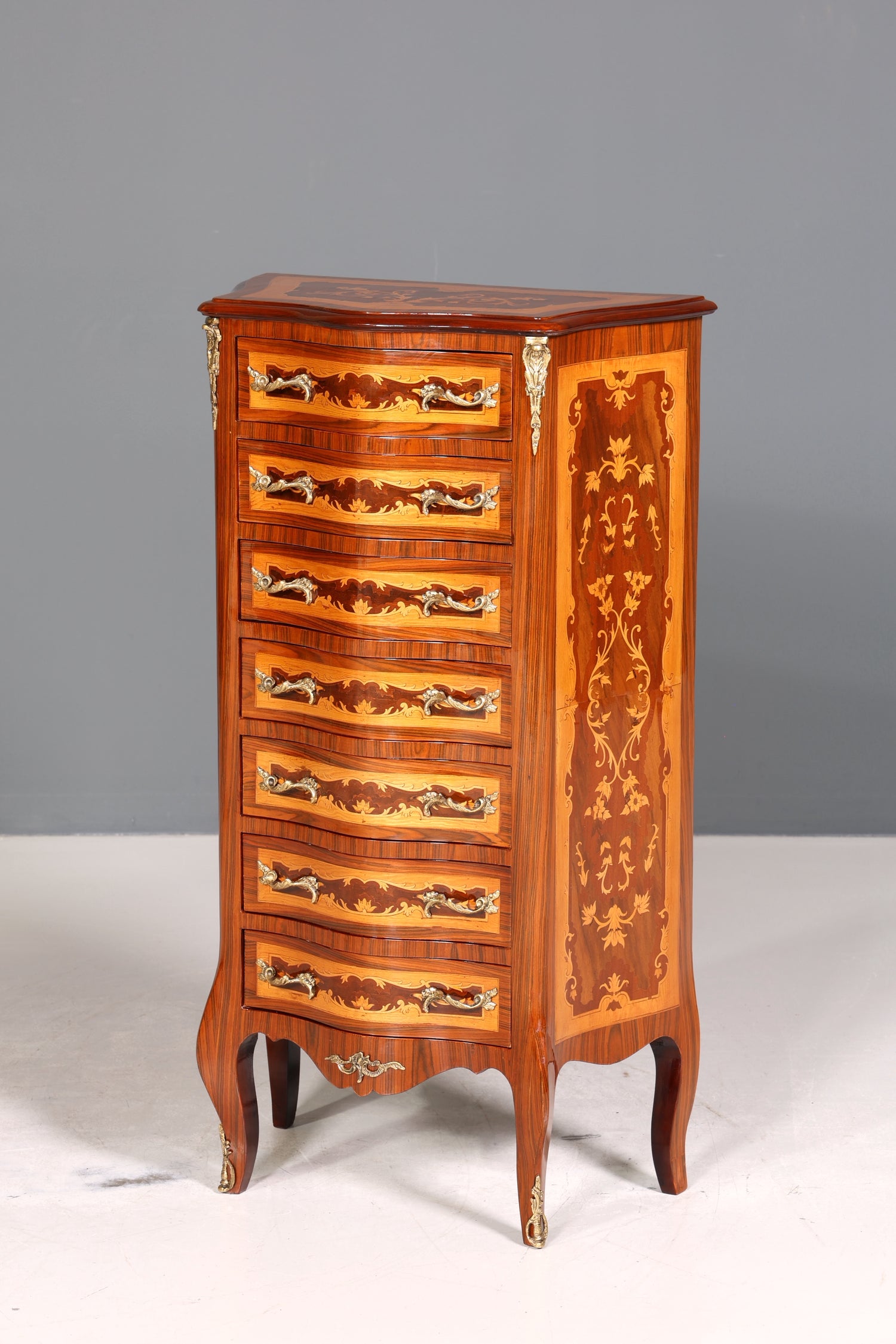 Traumhaftes Barock Stil Louis XV Highboard Vertiko Intarsien Kommode Schubladenkommode