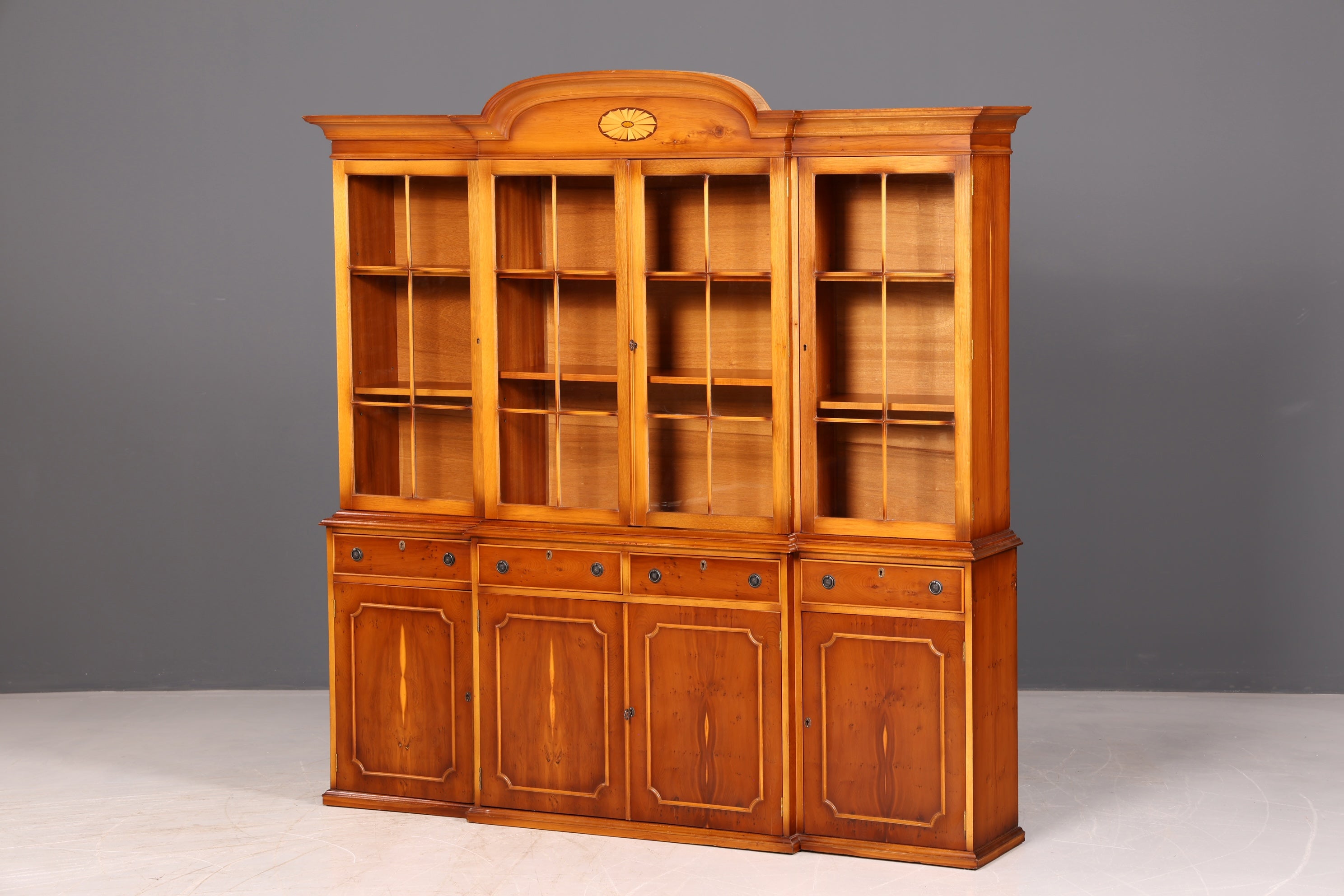 Beautiful English Display Cabinet Bookcase Yew Library Glass Display Cabinet Sideboard Antique