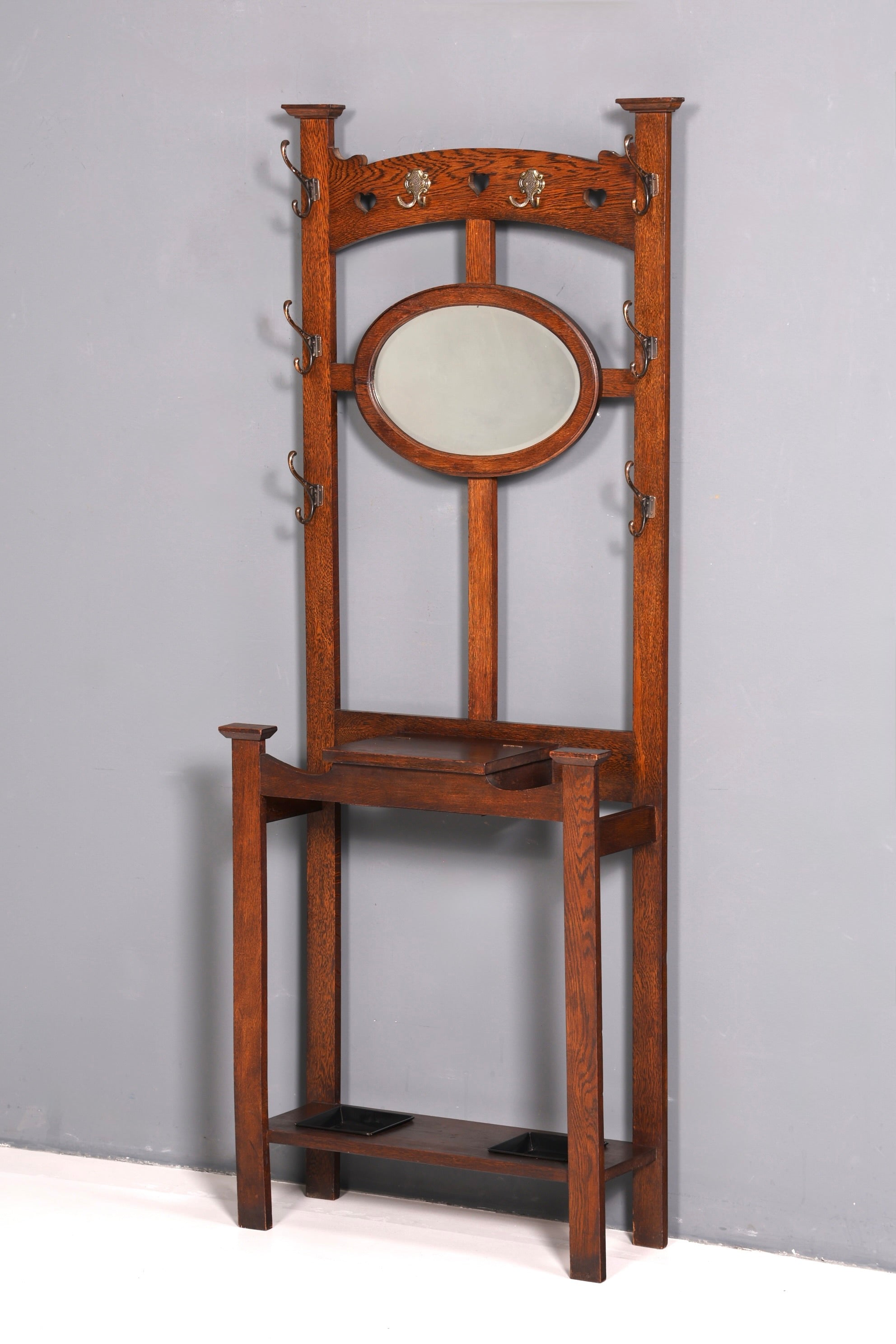 Stunning Art Nouveau hall tree, oak, antique coat rack with mirror, hallway furniture, wall-mounted coat rack