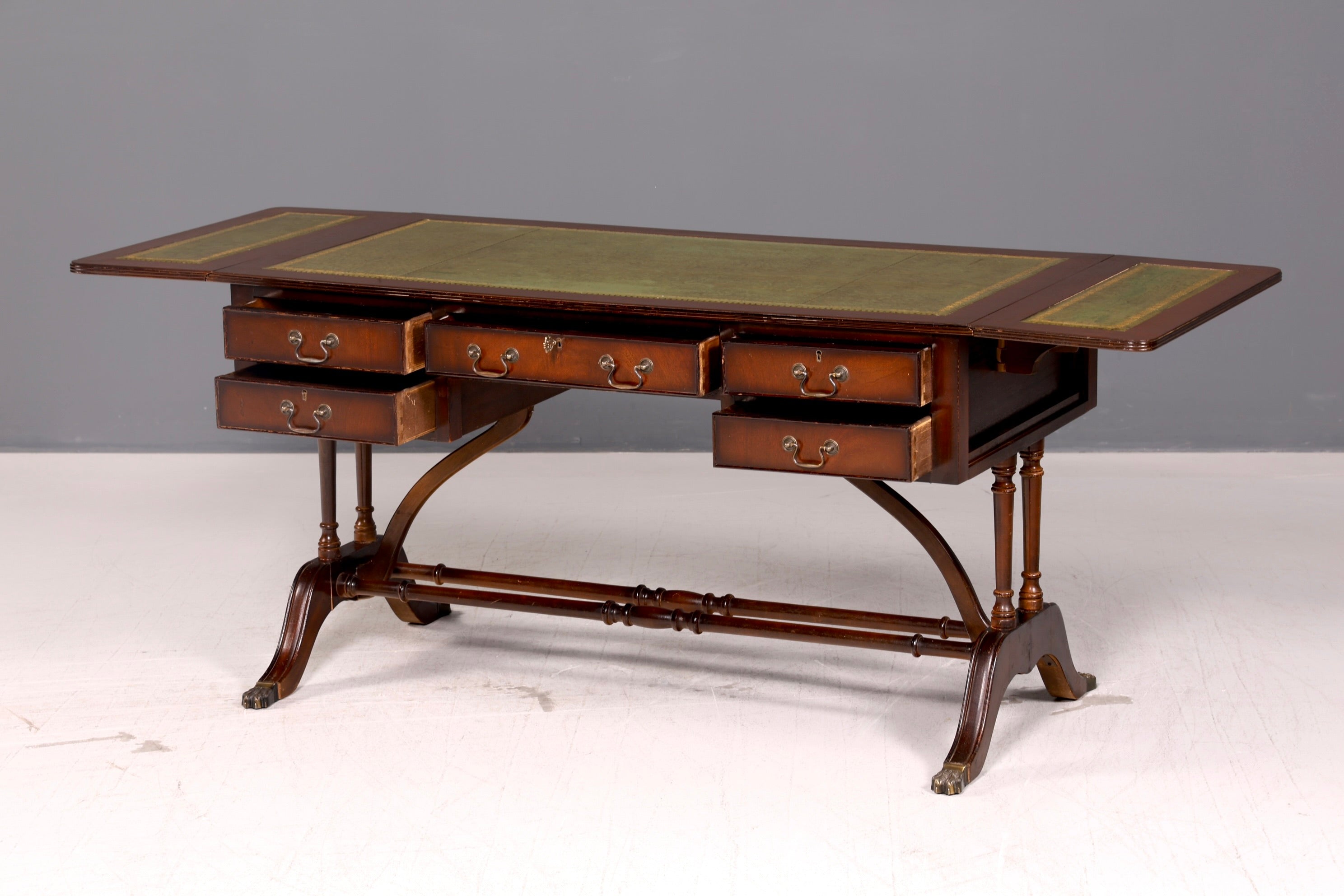 Beautiful English Desk Regency Folding Desk Genuine Leather Top Mahogany 60s Office Table