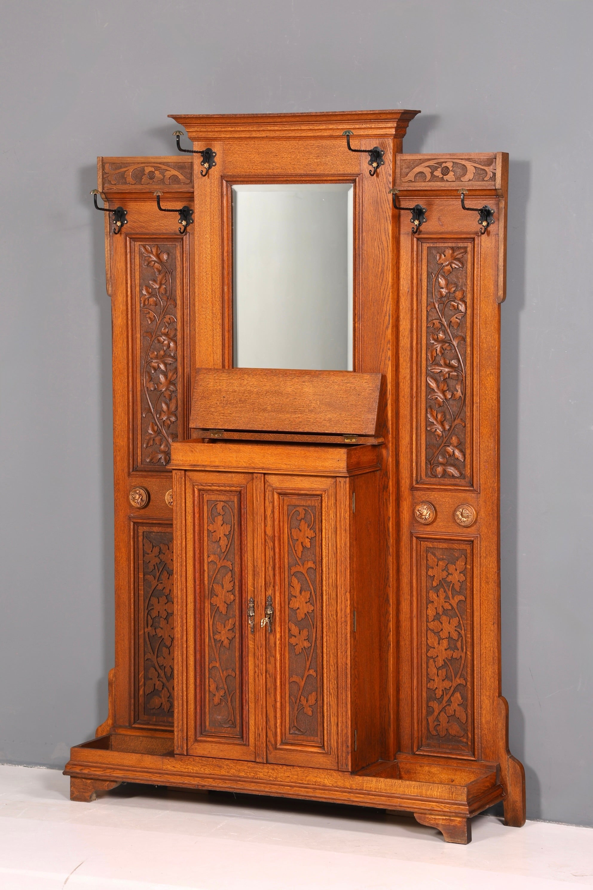 Traumhafte Jugendstil Garderobe Flurgarderobe Eiche Antik Kleiderwand mit Spiegel Dielenmöbel Wandgarderobe