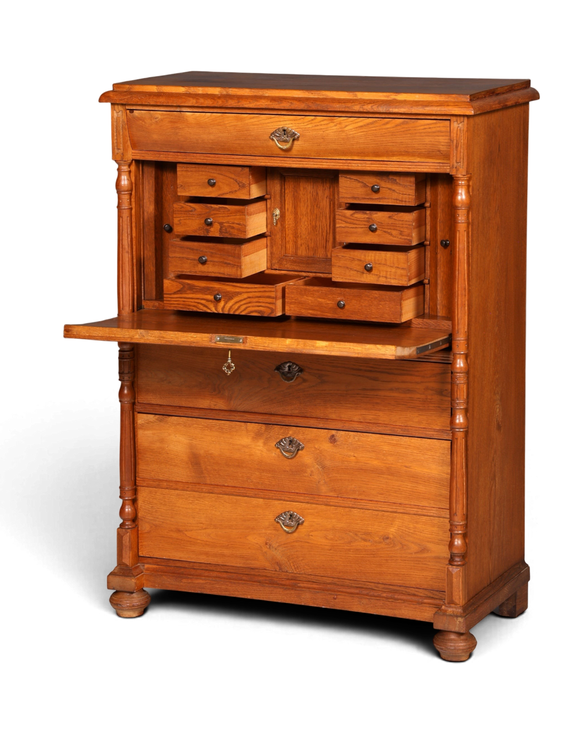 Hauptstadt Möblerei antiker Gründerzeit Sekretär aus massiver Eiche mit ausklappbarer Schreibfläche und Schubladen