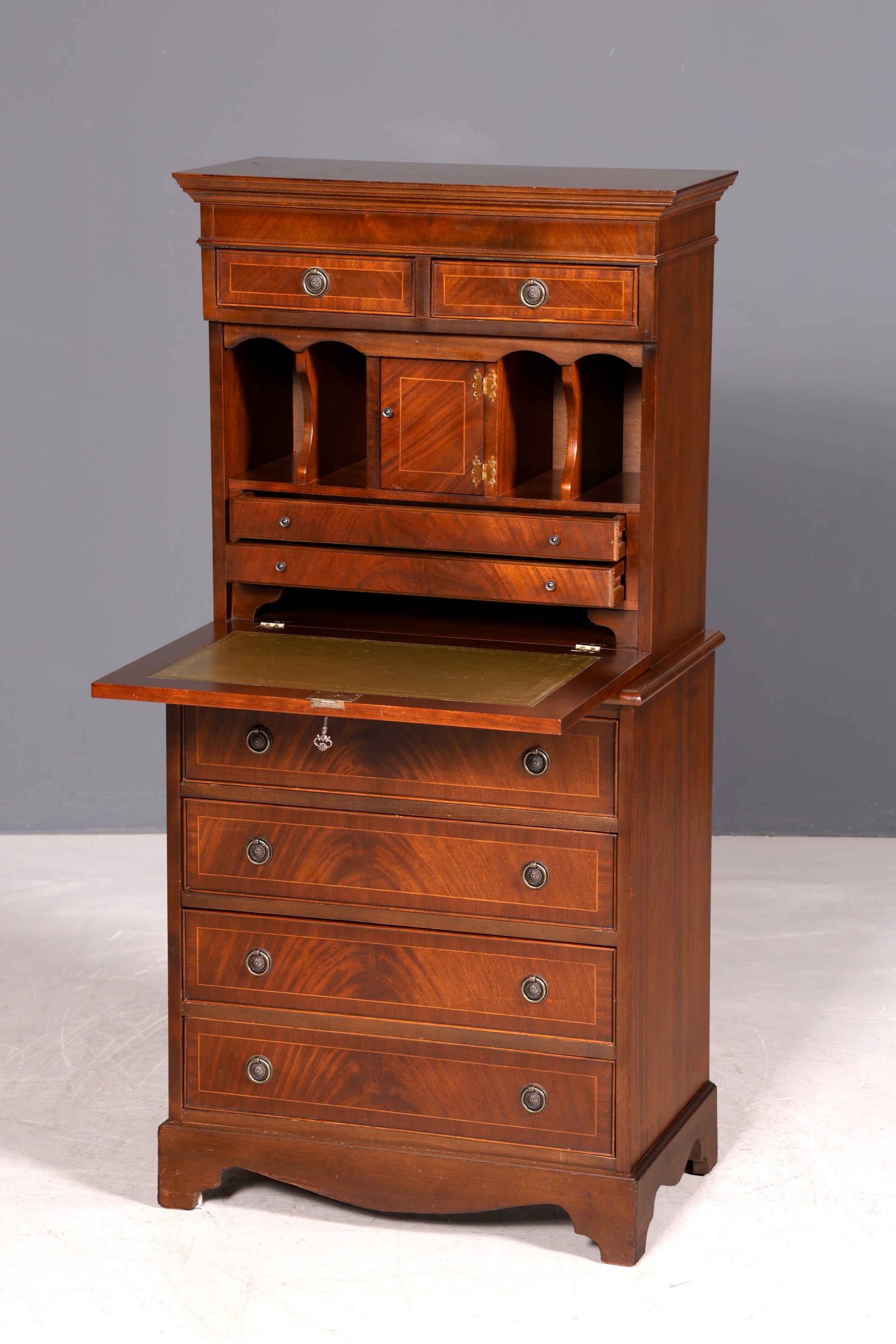 G026 Finish cm Wunderschöner Englischer Sekretär Büro Aufsatzsekretär Antik 60S Vitrinen Schrank UK