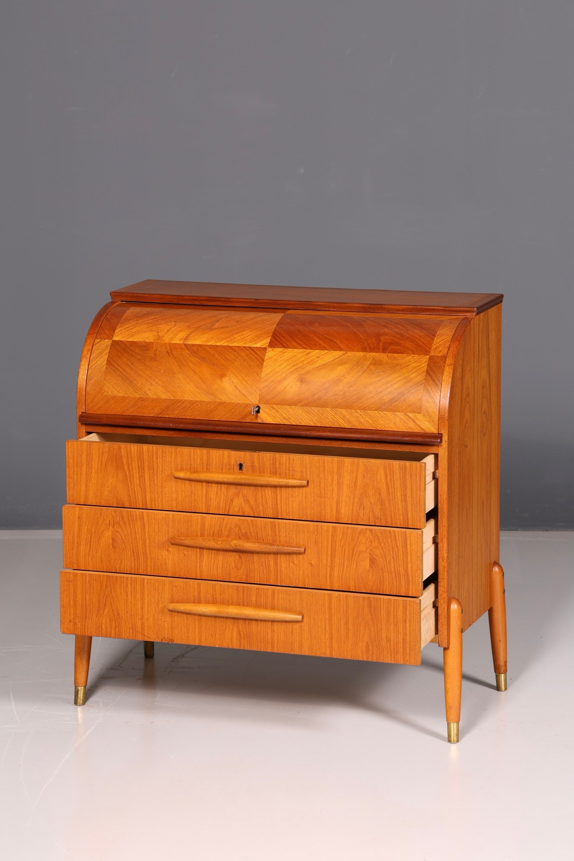 Beautiful mid-century roll-top writing bureau, desk, office cabinet, vintage 1960s wood