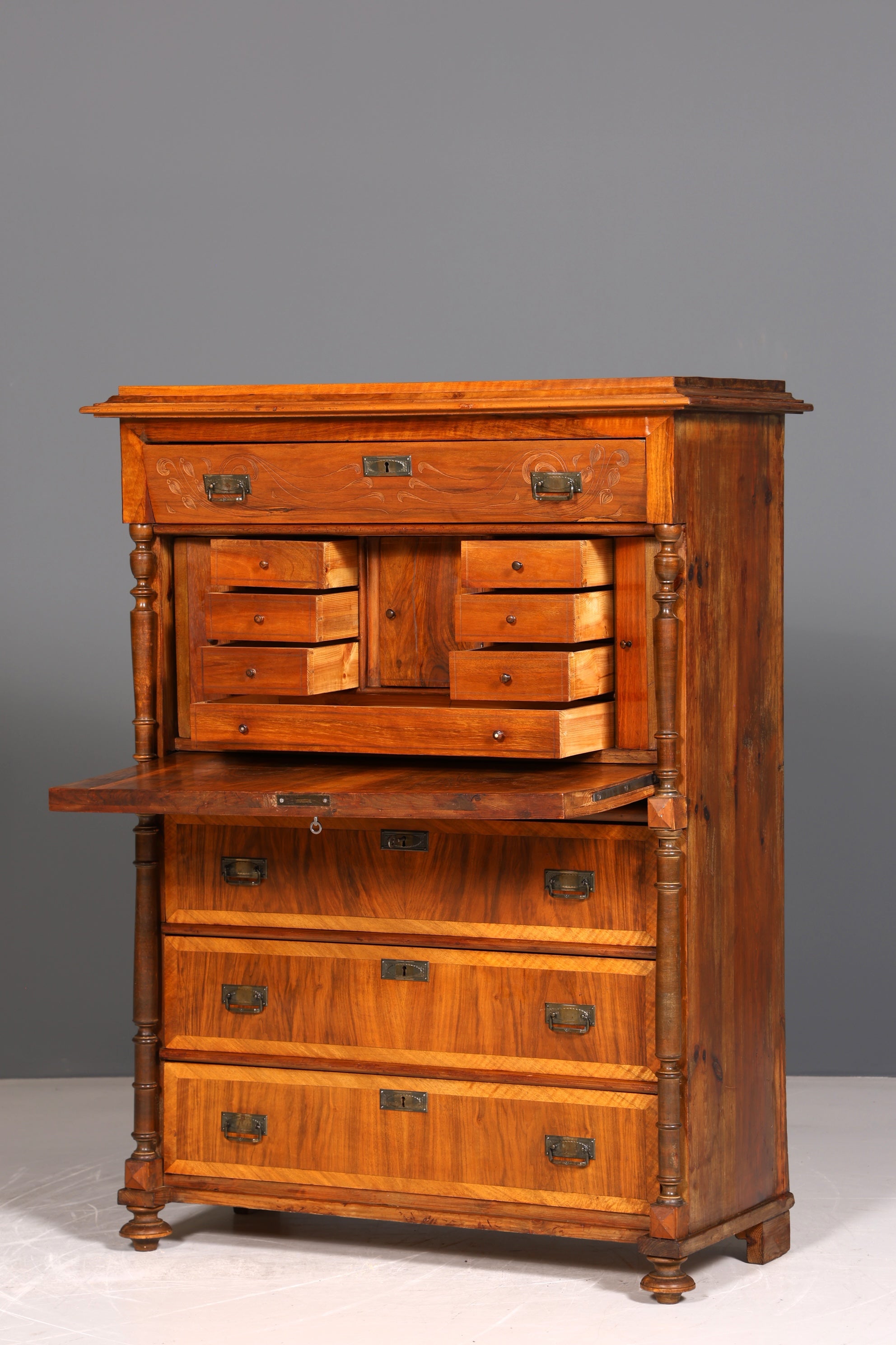 Beautiful Art Nouveau Secretary Walnut Gründerzeit Vertiko Antique Chest of Drawers around 1900