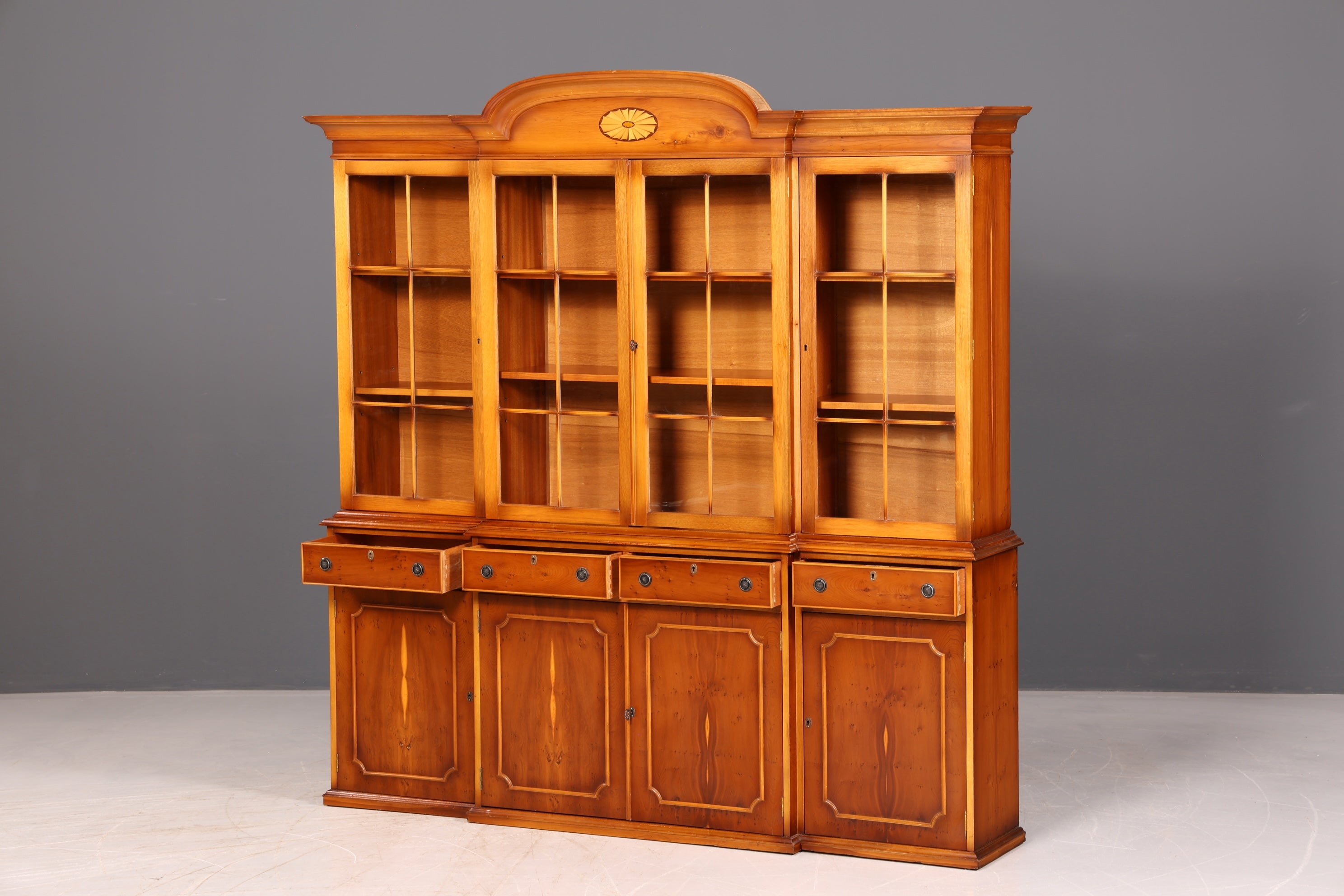 Beautiful English Display Cabinet Bookcase Yew Library Glass Display Cabinet Sideboard Antique