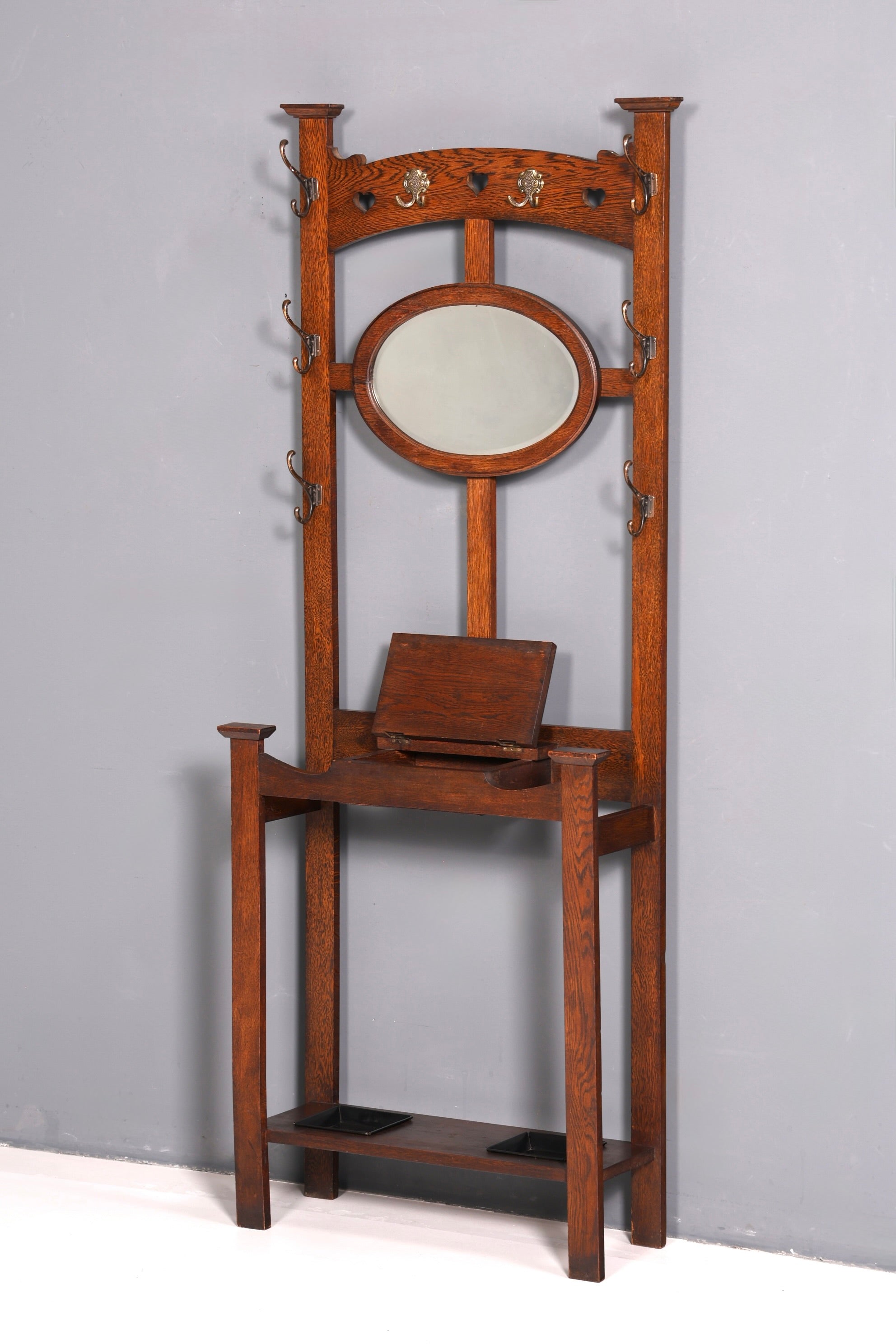 Stunning Art Nouveau hall tree, oak, antique coat rack with mirror, hallway furniture, wall-mounted coat rack