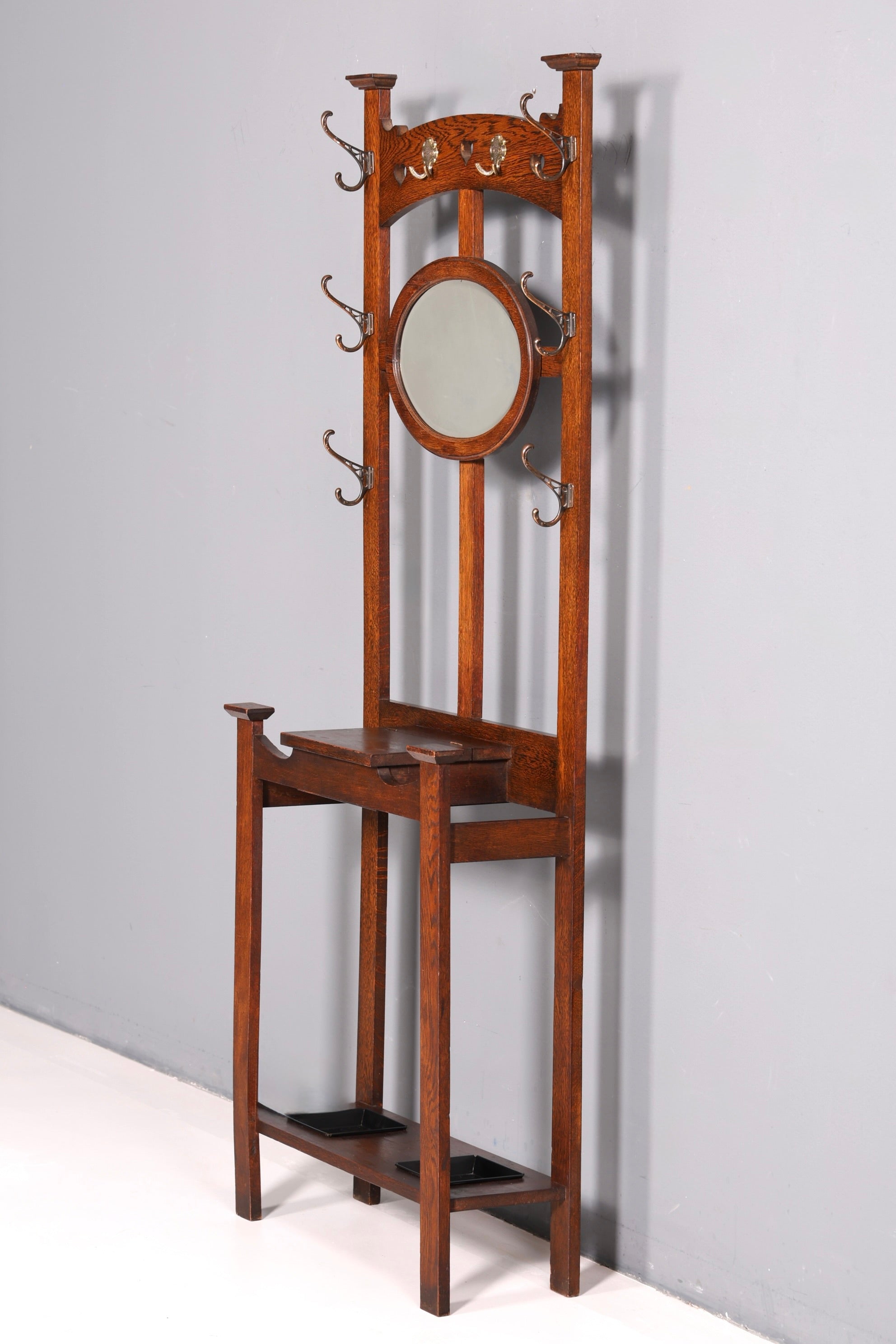 Stunning Art Nouveau hall tree, oak, antique coat rack with mirror, hallway furniture, wall-mounted coat rack