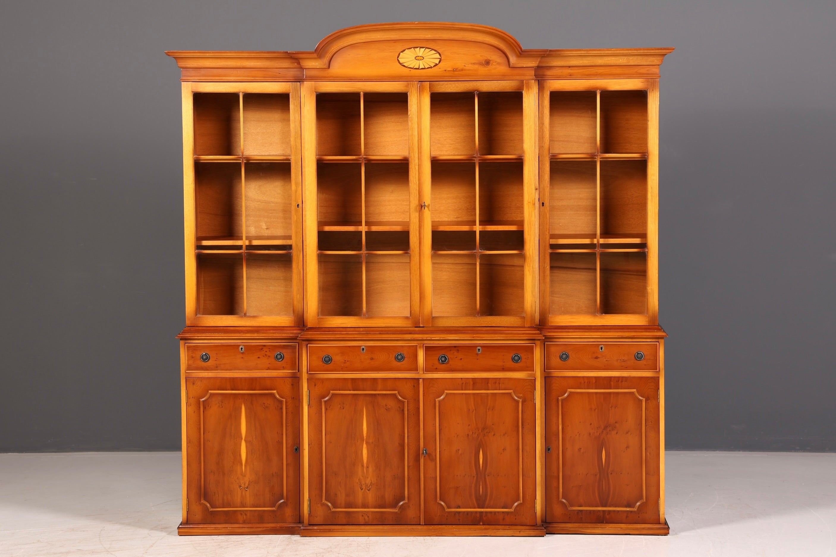 Beautiful English Display Cabinet Bookcase Yew Library Glass Display Cabinet Sideboard Antique