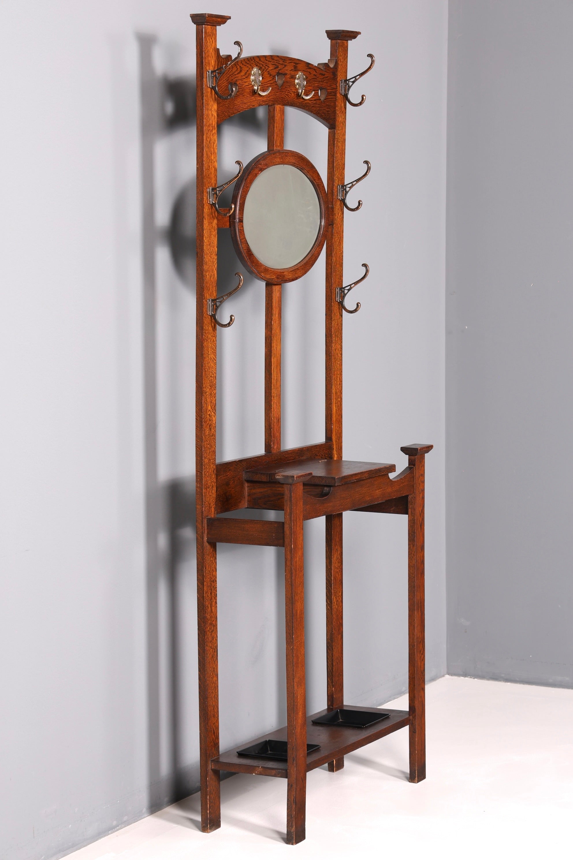Stunning Art Nouveau hall tree, oak, antique coat rack with mirror, hallway furniture, wall-mounted coat rack