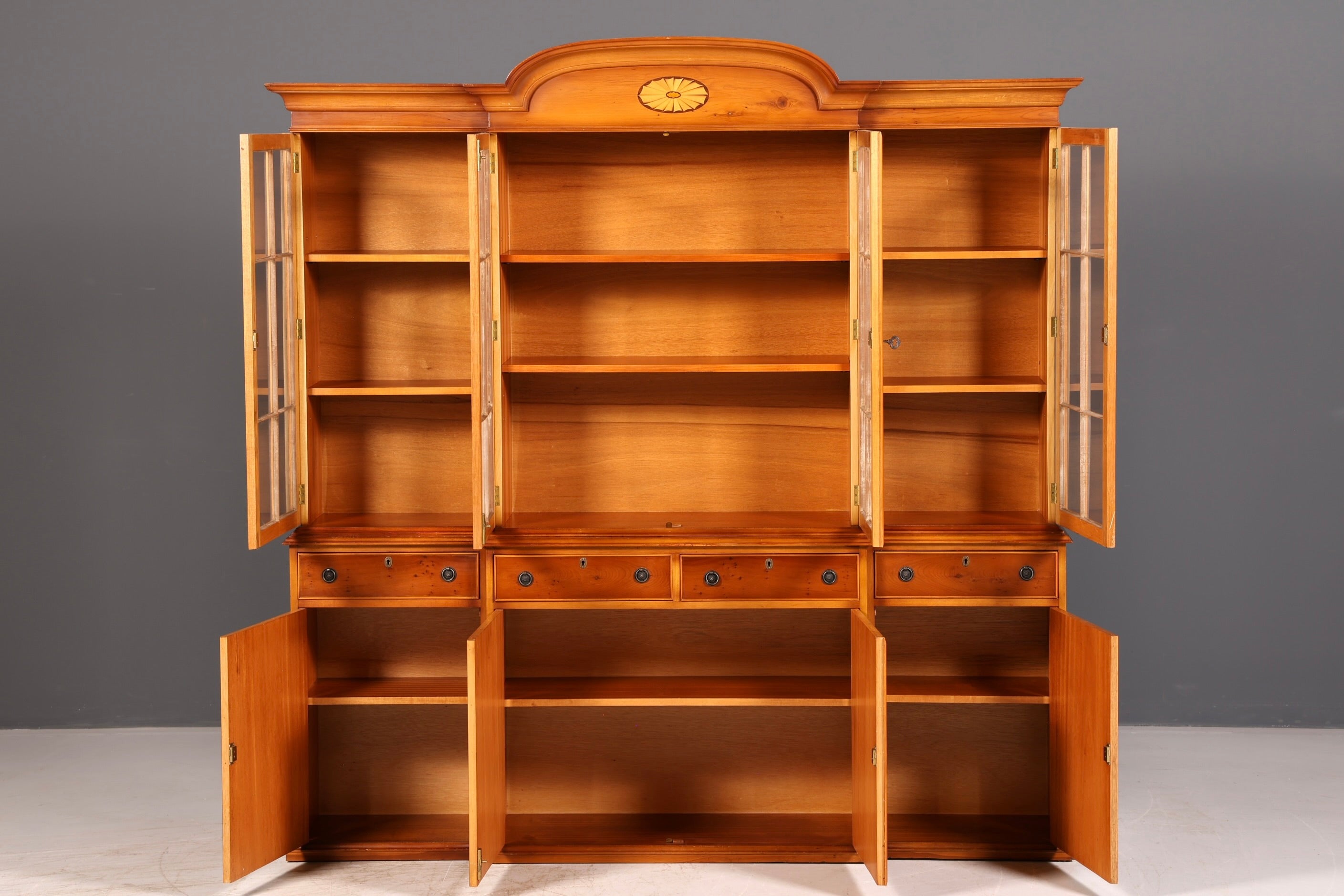 Beautiful English Display Cabinet Bookcase Yew Library Glass Display Cabinet Sideboard Antique