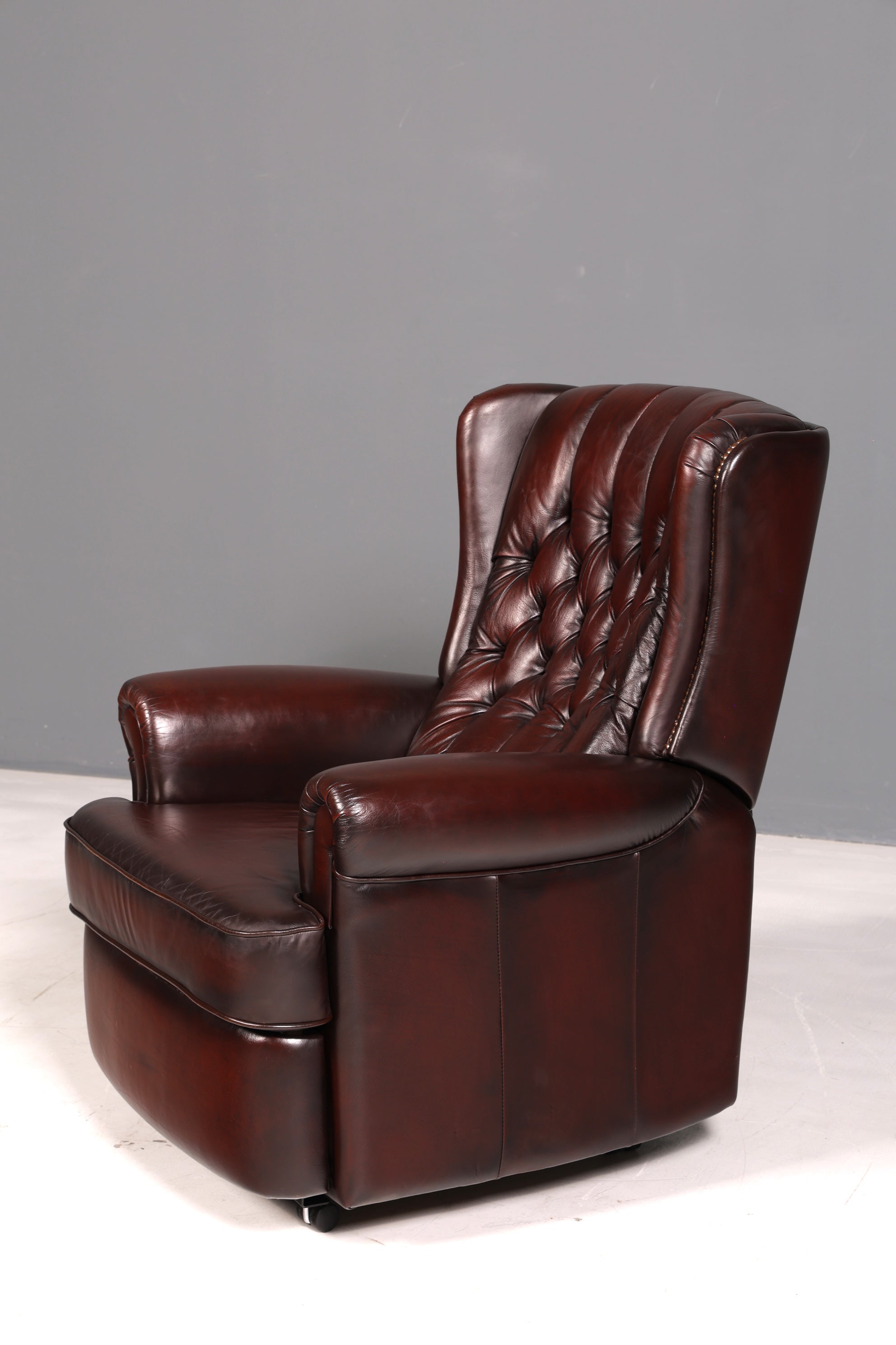Elegant Chesterfield wingback armchair, recliner, genuine brown leather, TV chair, lounge chair, leather armchair