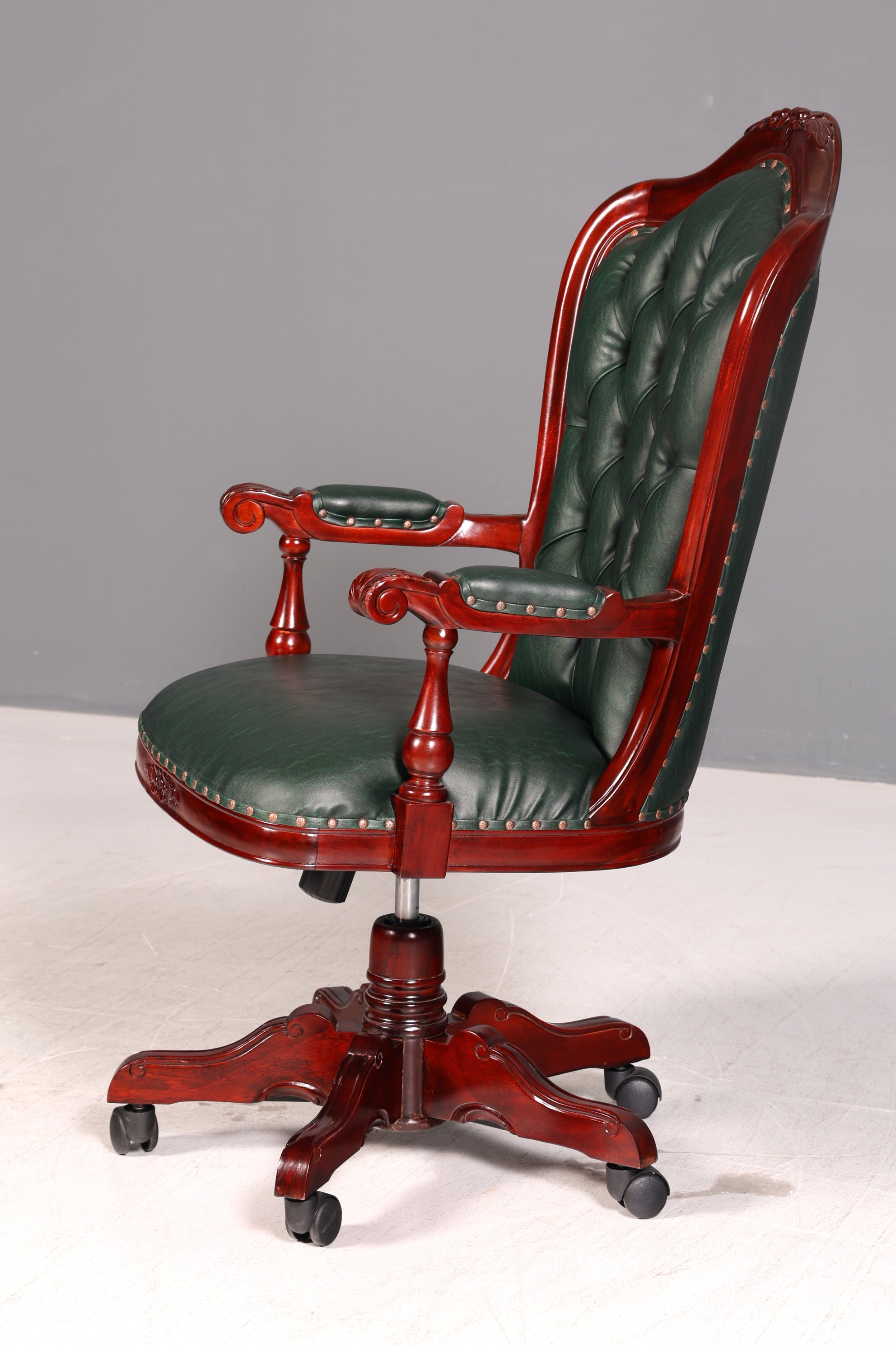 Elegant Chesterfield Executive Office Chair Green Mahogany Desk Chair Swivel Chair English Vintage
