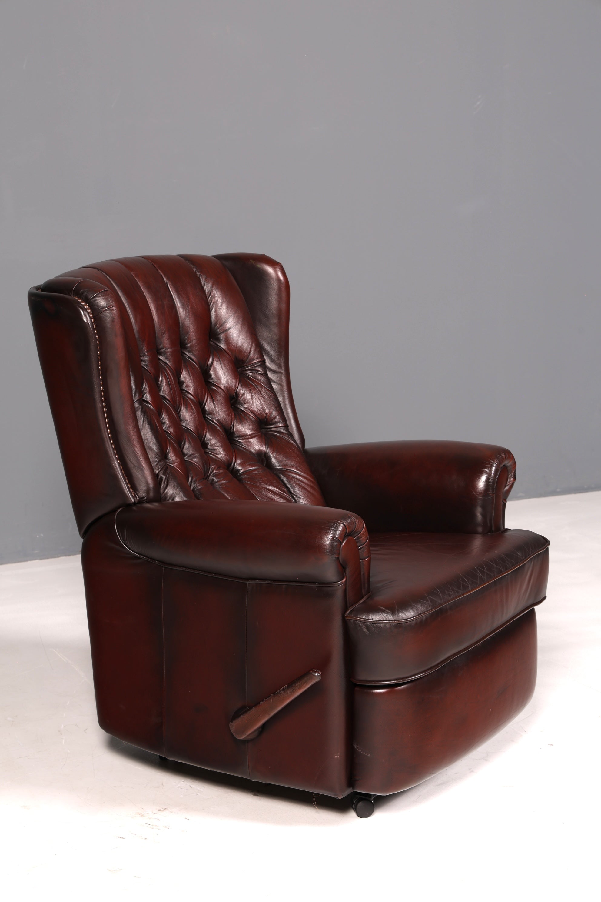 Elegant Chesterfield wingback armchair, recliner, genuine brown leather, TV chair, lounge chair, leather armchair