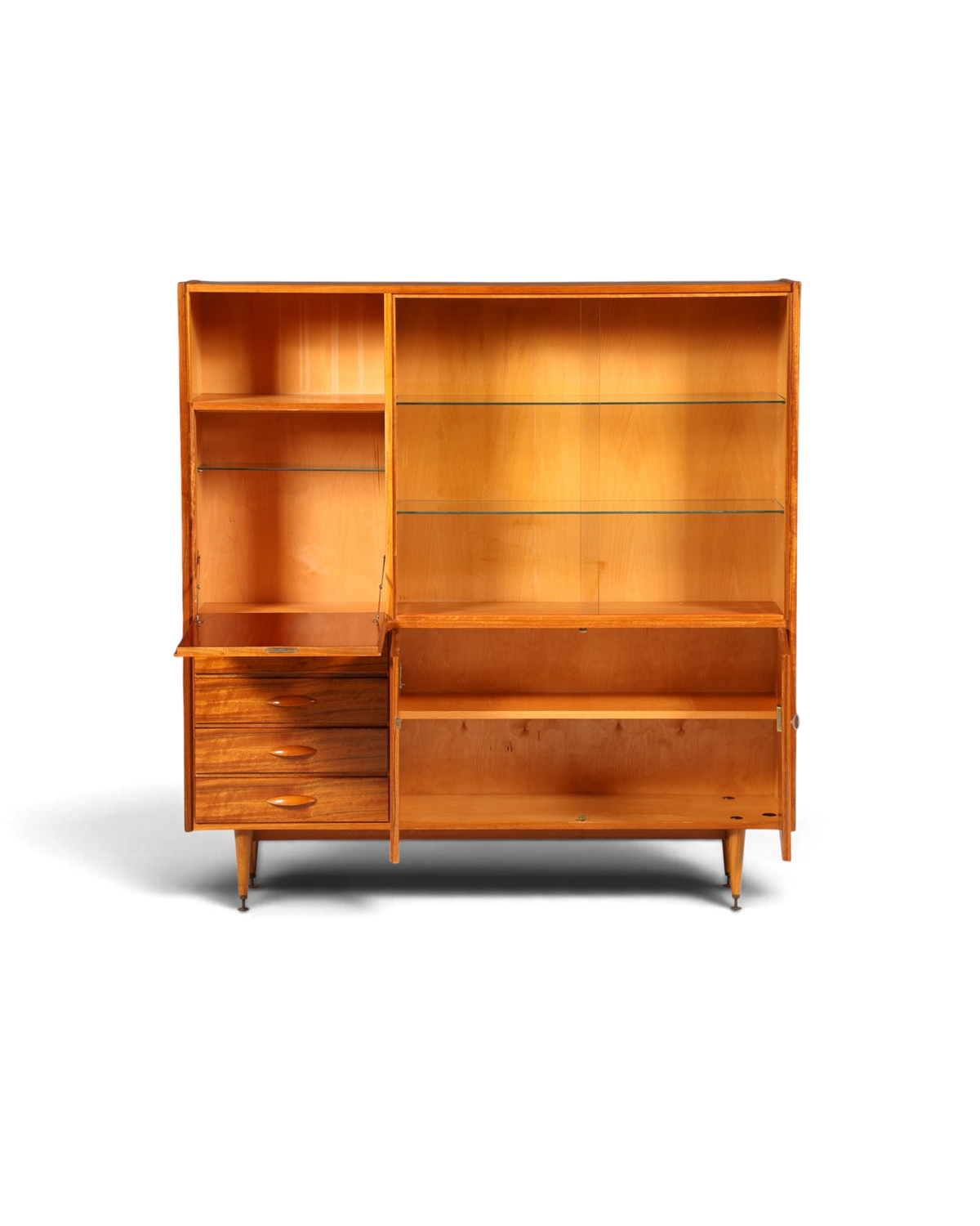 Hauptstadt Möblerei Mid Century Highboard aus Echtholz mit Glasschiebetüren, Schubladen und konischen Füßen