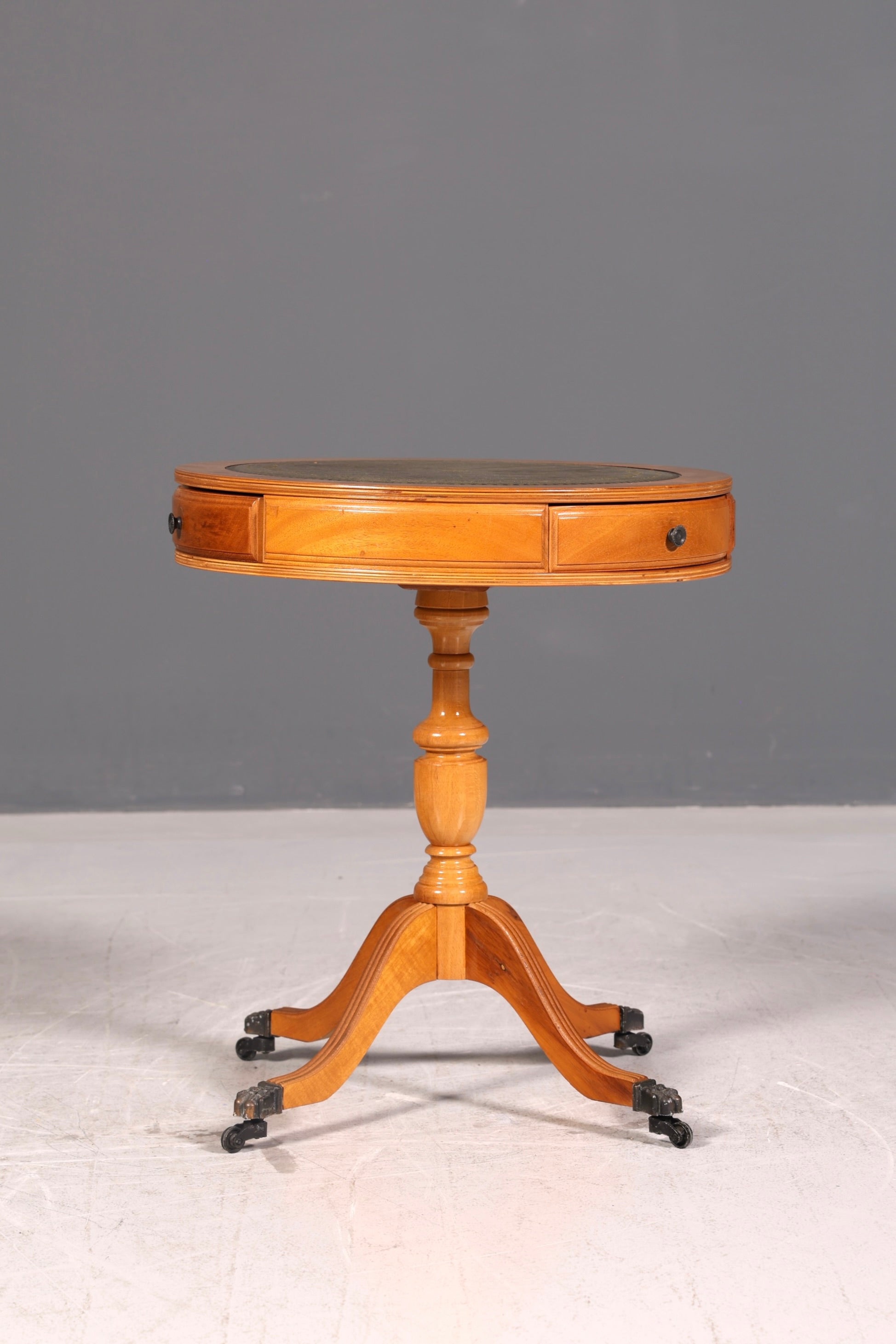 Wunderschöner Englischer Trommeltisch Beistelltisch Eibe Regency Echt Lederauflage Drum Table Ablagetisch Antik Vintage