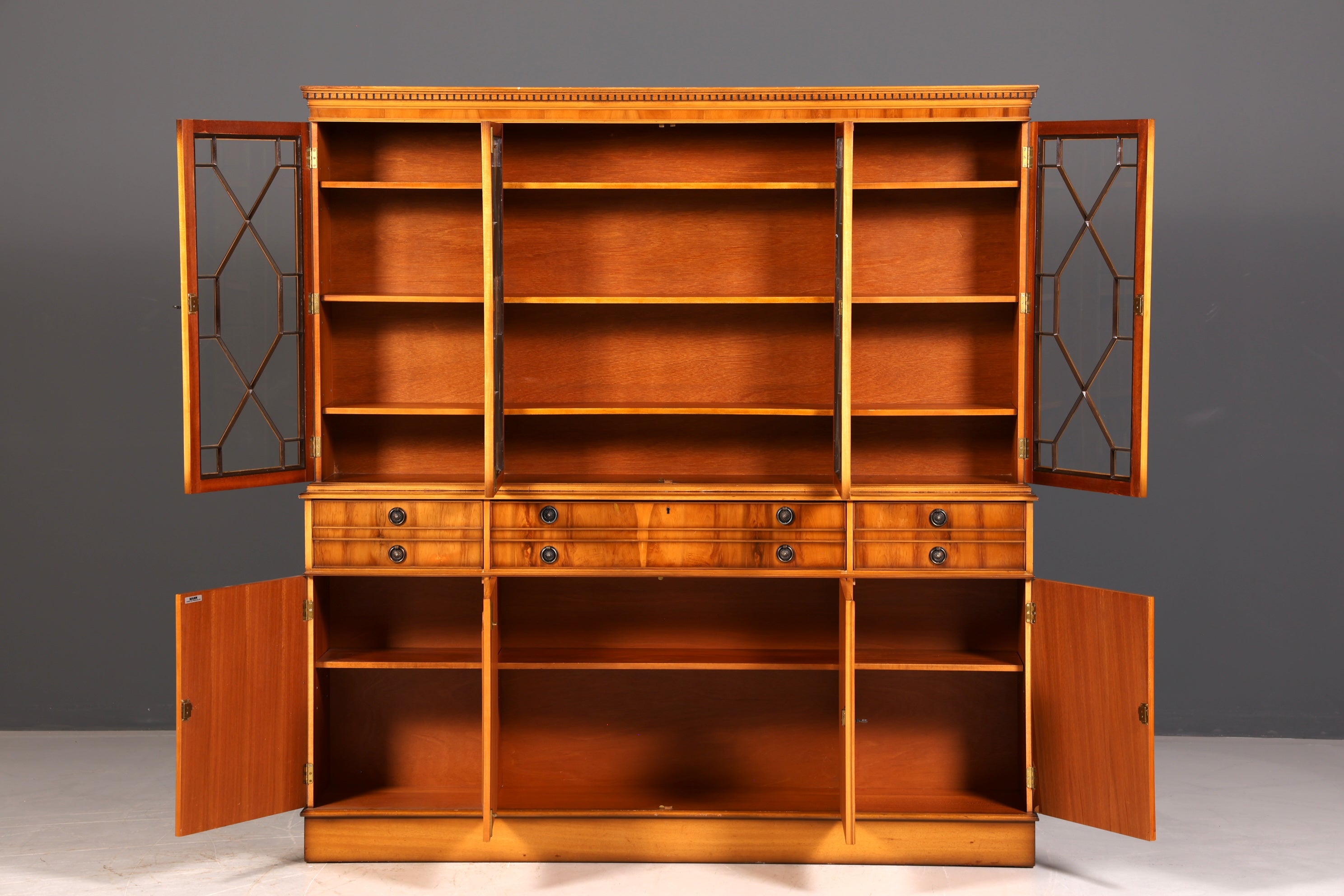 Beeindruckender Englischer Vitrinenschrank Echt Holz Sekretär Bibliothek Bücherschrank Buffet Antik Vintage