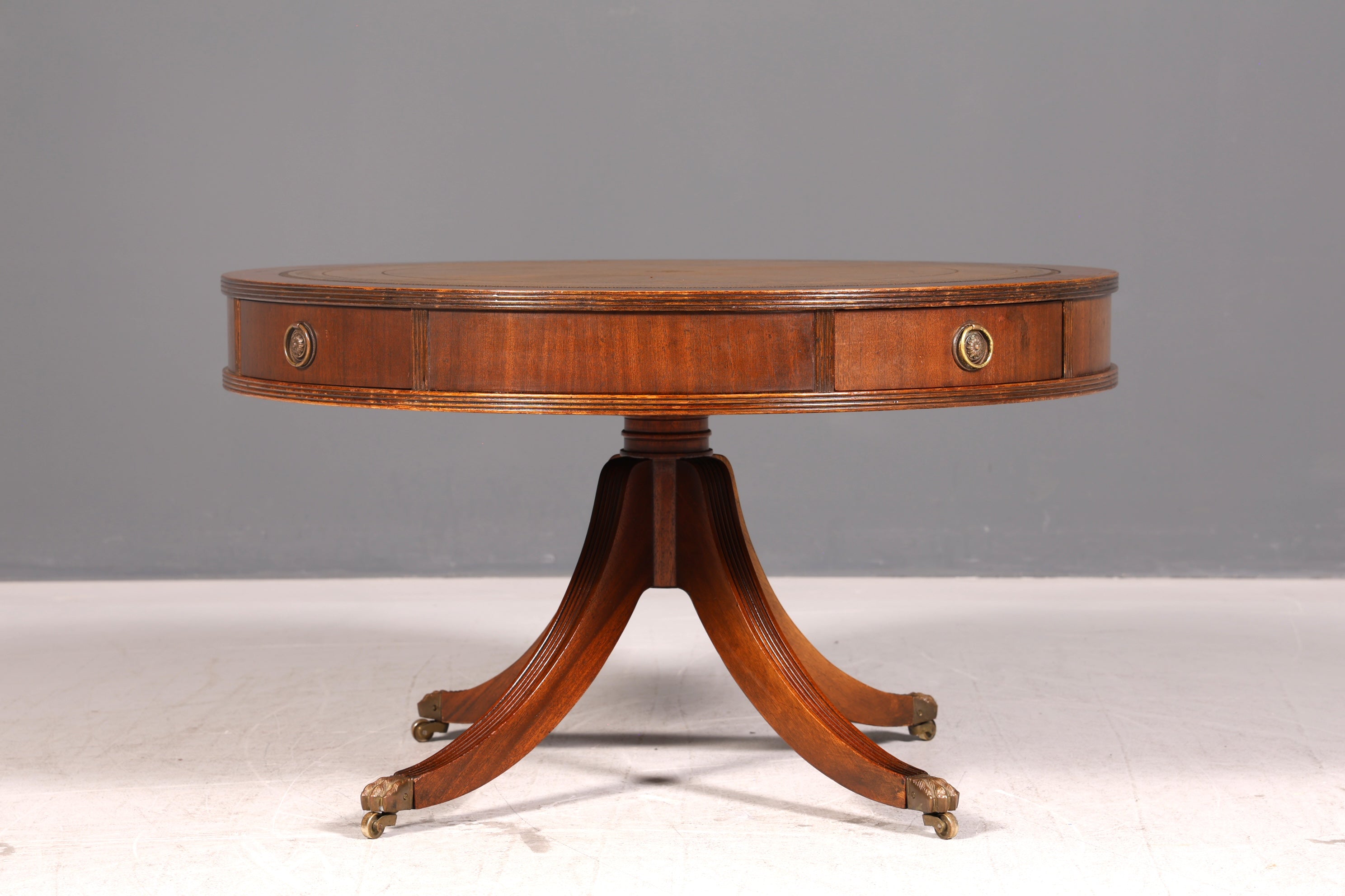 Wunderschöner Englischer Trommeltisch Couchtisch Mahagoni Regency Echt Lederauflage Drum Table Beistelltisch Antik Vintage