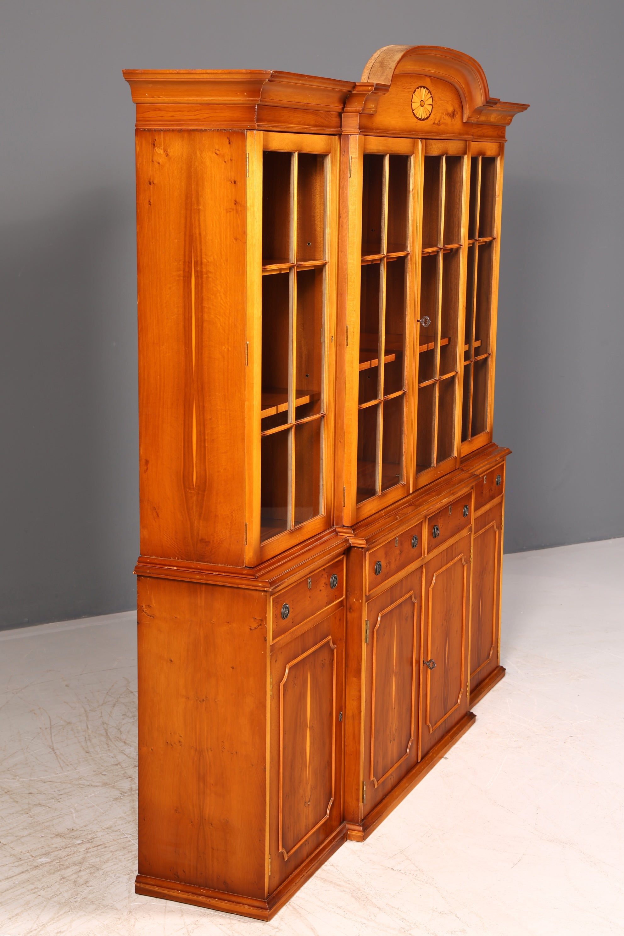 Beautiful English Display Cabinet Bookcase Yew Library Glass Display Cabinet Sideboard Antique