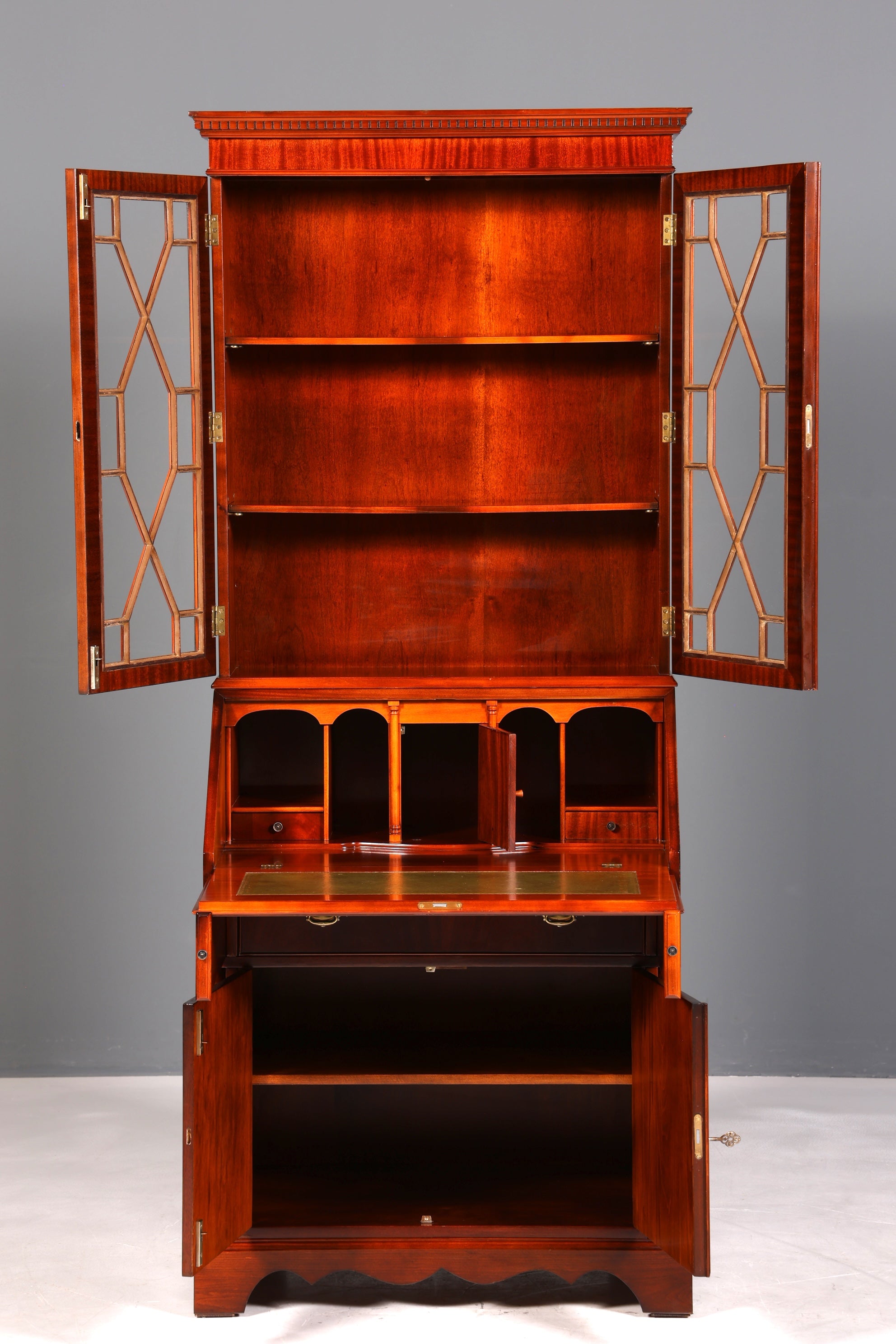 Wunderschöner Englischer Sekretär Büro Aufsatzsekretär Antik 60s Mahagoni Vitrinen Schrank UK