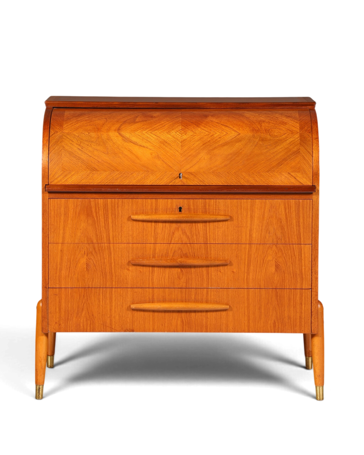 Hauptstadt Möblerei Mid Century Rollladen-Sekretär aus Holz mit drei Schubladen und eleganten Messingfüßen