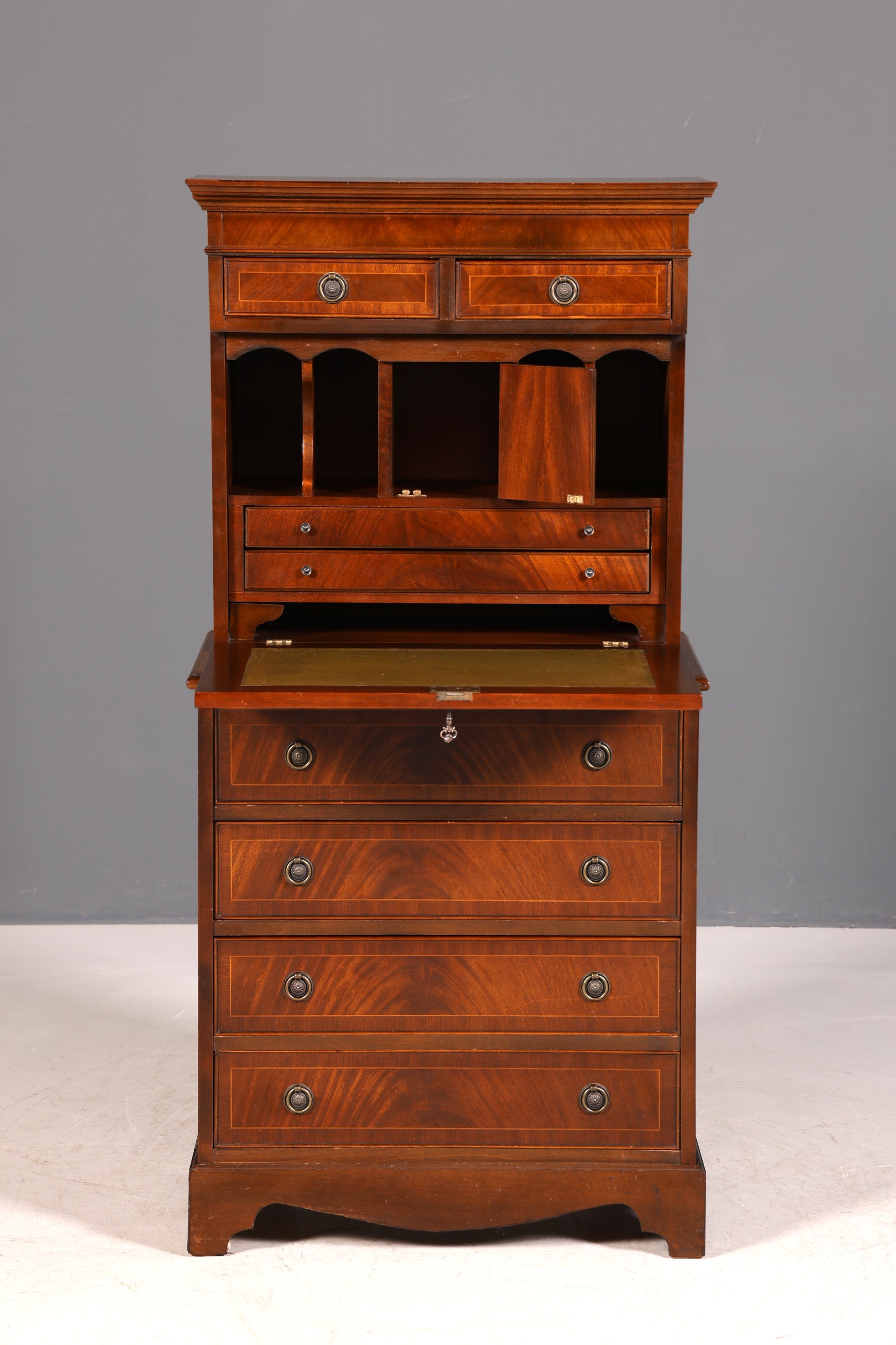 G026 Finish cm Wunderschöner Englischer Sekretär Büro Aufsatzsekretär Antik 60S Vitrinen Schrank UK
