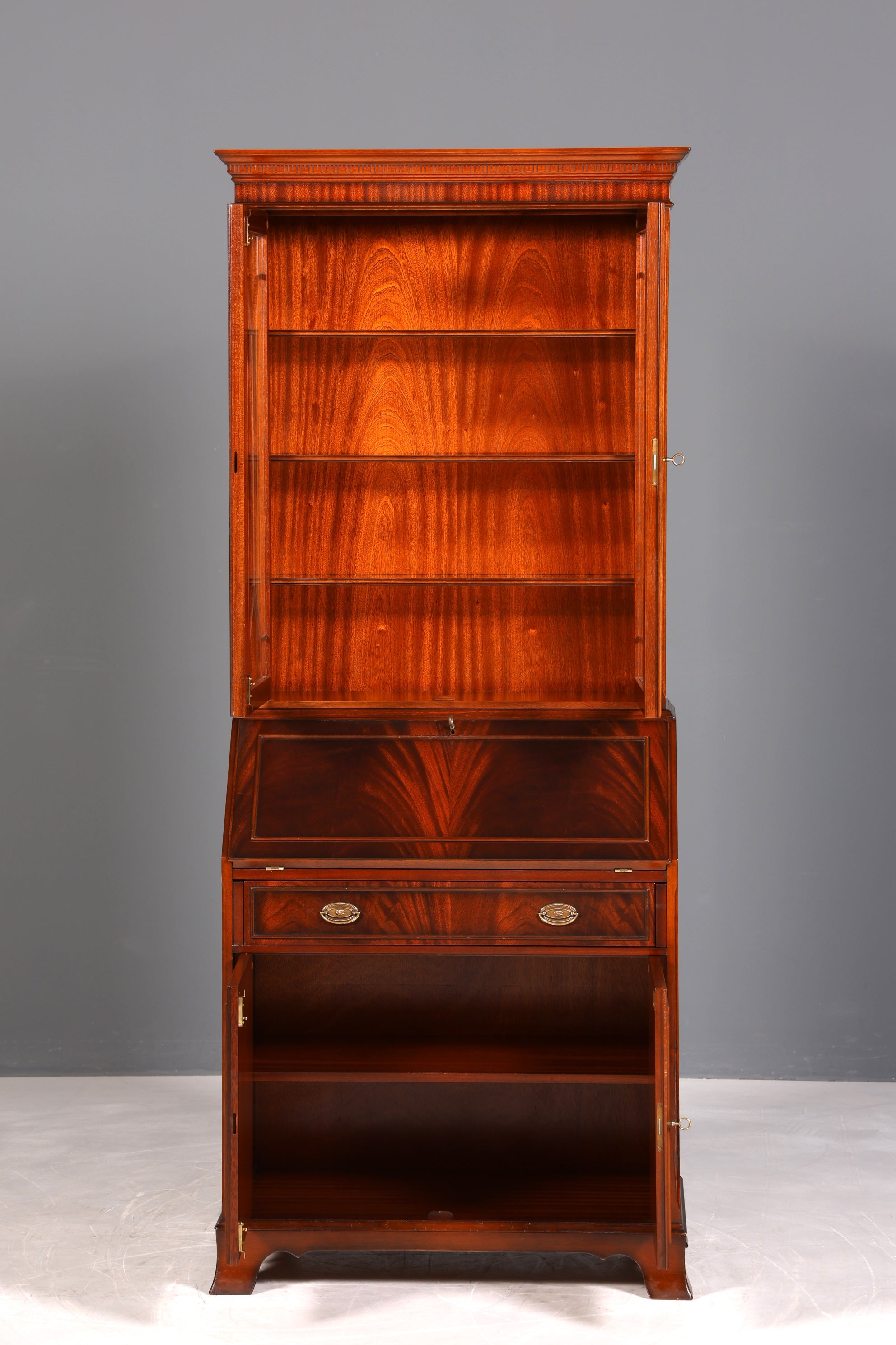 F943 Finish Stilvoller Englischer Sekretär Original Heldense Büro Aufsatzsekretär Eibe Antik 60S Vitrinen Schrank UK