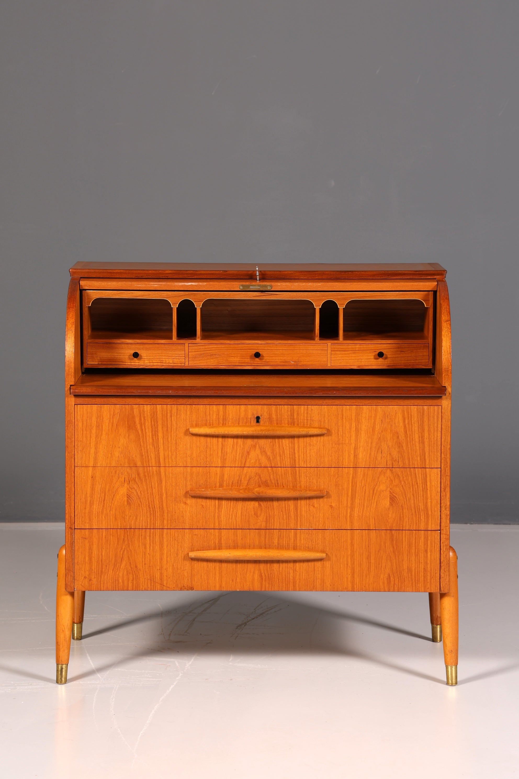 Beautiful mid-century roll-top writing bureau, desk, office cabinet, vintage 1960s wood
