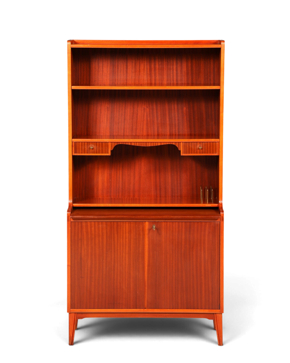 Hauptstadt Möblerei Mid Century ahşap sekreter ve kitaplık, ayarlanabilir raflı ve çalışma yüzeyli vintage mobilya.