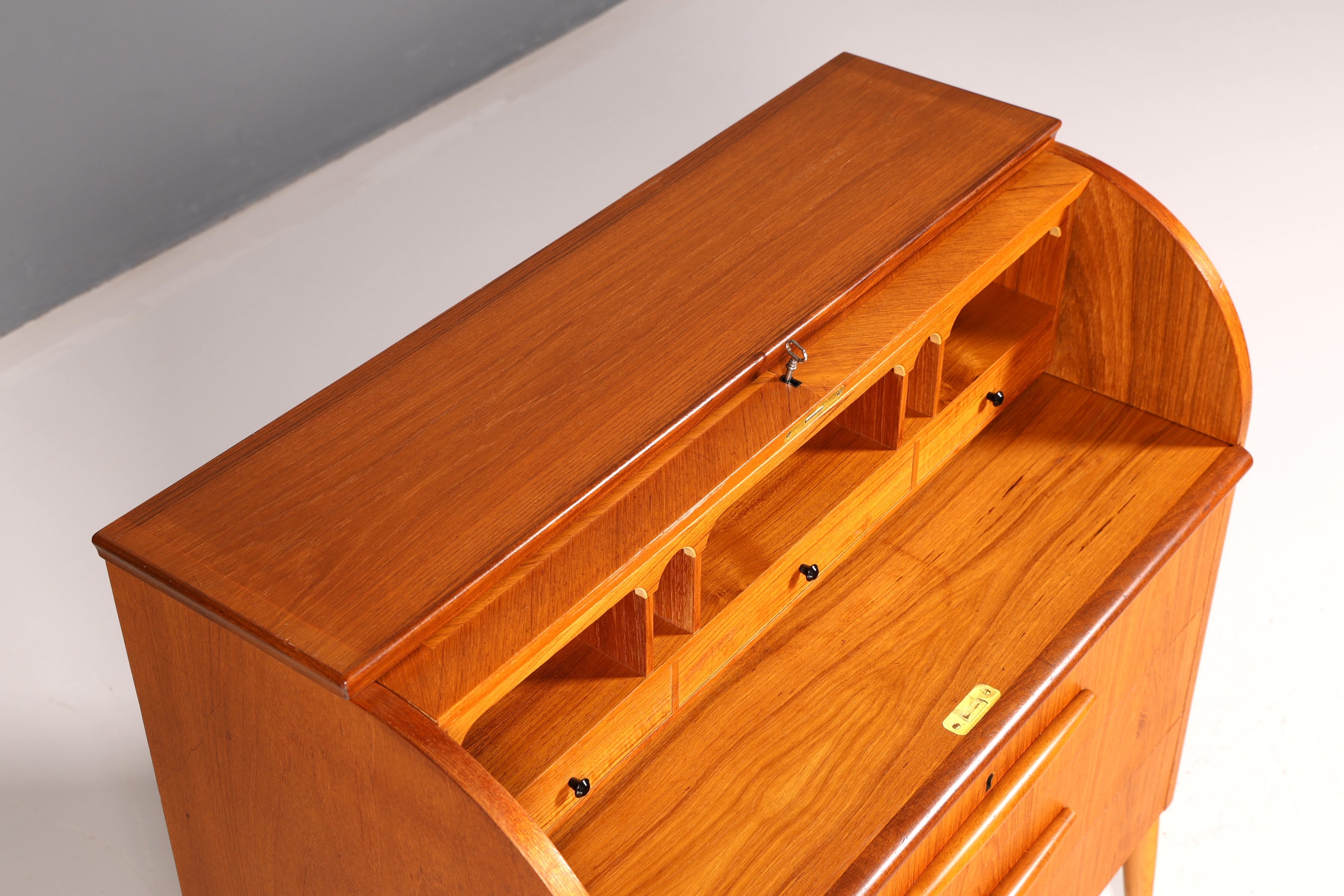 Beautiful mid-century roll-top writing bureau, desk, office cabinet, vintage 1960s wood