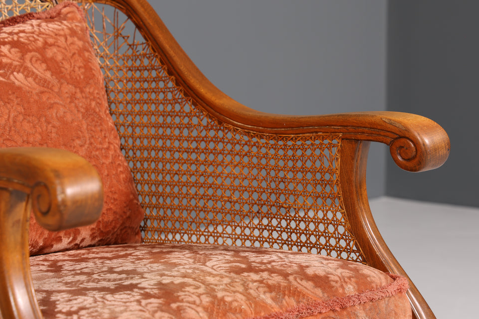 Traumhafter Chippendale Sessel Antik  60s Korbgeflecht Relax Sessel Vintage Samt Stoff 1 von 2
