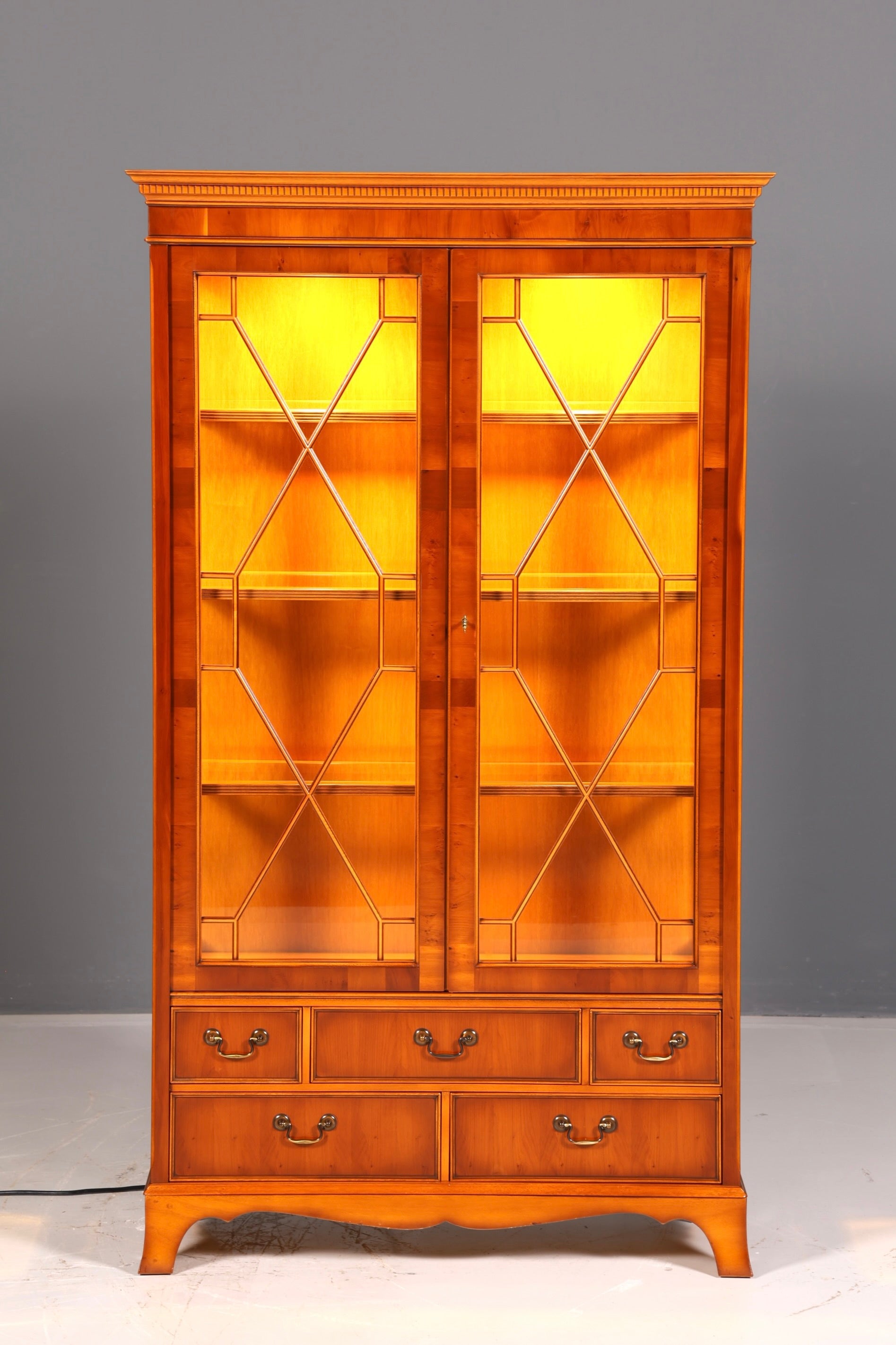 Beautiful Original Heldense Display Cabinet, English Yew Bookcase, Glass Cabinet with Lighting