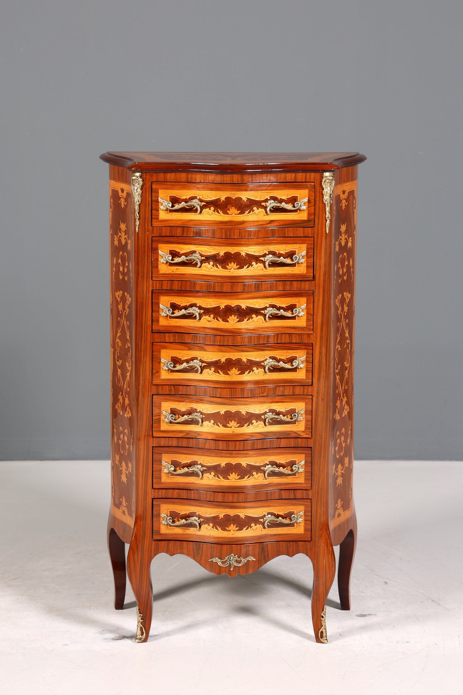 Traumhaftes Barock Stil Louis XV Highboard Vertiko Intarsien Kommode Schubladenkommode