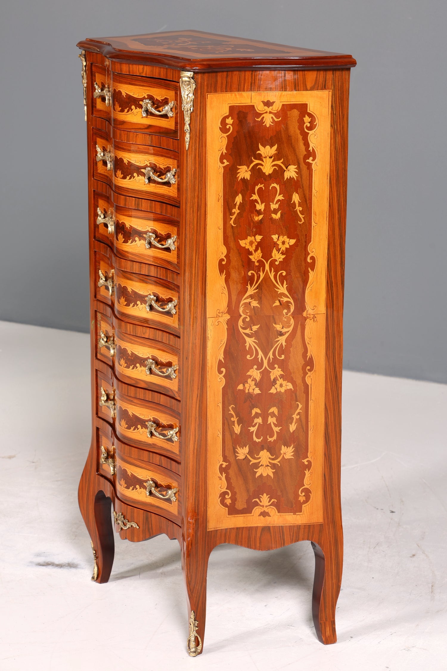 Traumhaftes Barock Stil Louis XV Highboard Vertiko Intarsien Kommode Schubladenkommode