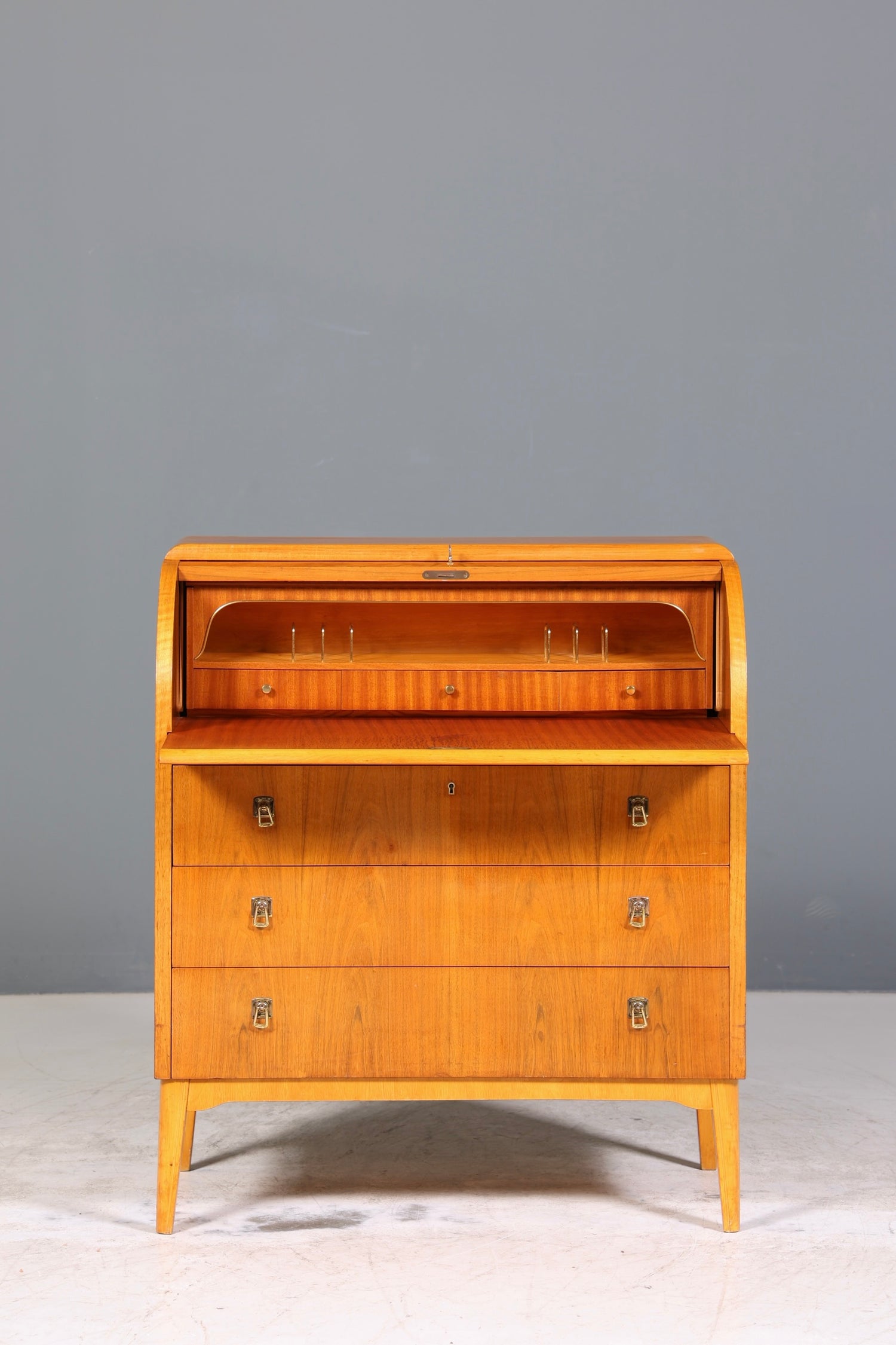 Schlichter Mid Century Rollladen Sekretär echt Holz Büro Schrank Vintage Schreibkommode