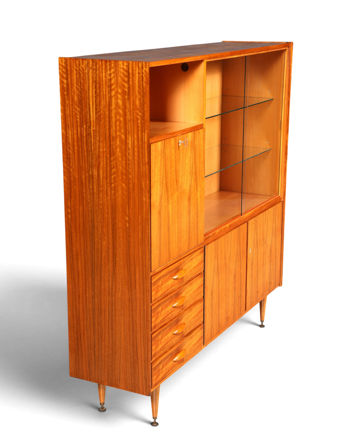 Hauptstadt Möblerei Mid Century Highboard aus Holz mit Glasschiebetüren, Schubladen und konischen Füßen im 60er Stil