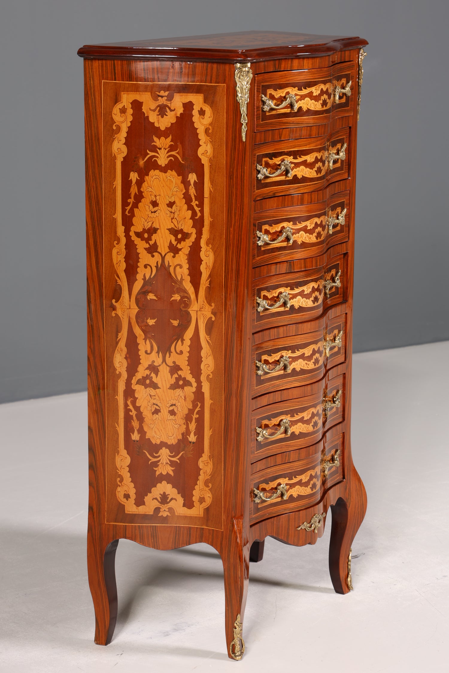Traumhaftes Barock Stil Louis XV Highboard Intarsien Vertiko Kommode Schubladenkommode