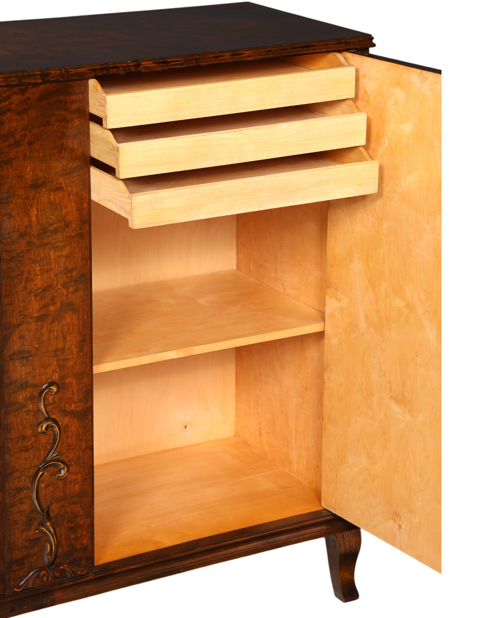 Hauptstadt Möblerei Art Deco Schrank aus Massivholz mit offenen Schubladen und Regalböden, ca. 1930