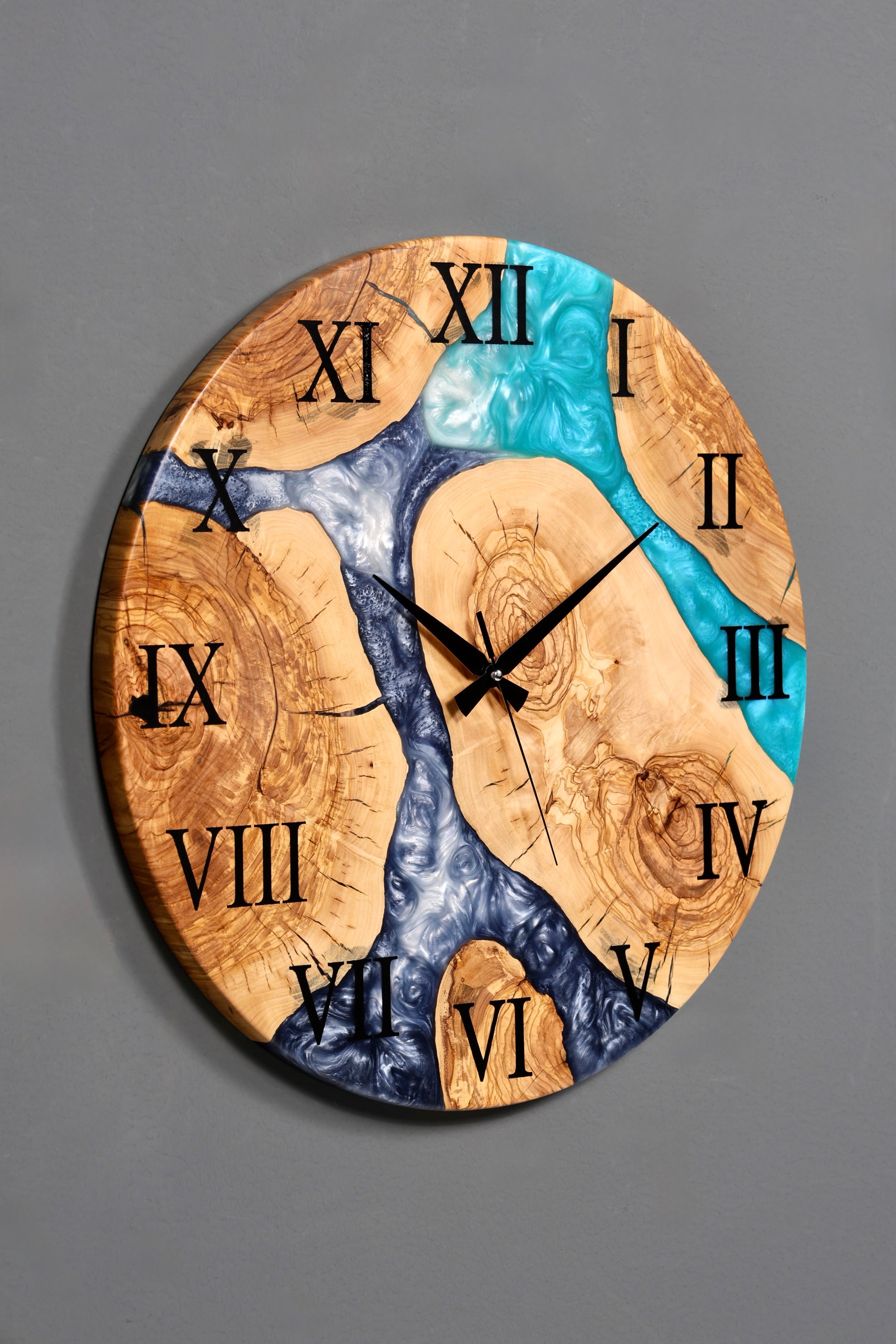 Wunderschöne Handgefertigte Epoxidharz Wanduhr Olivenbaum Blue Ocean Uhr Epoxy Analog Uhr