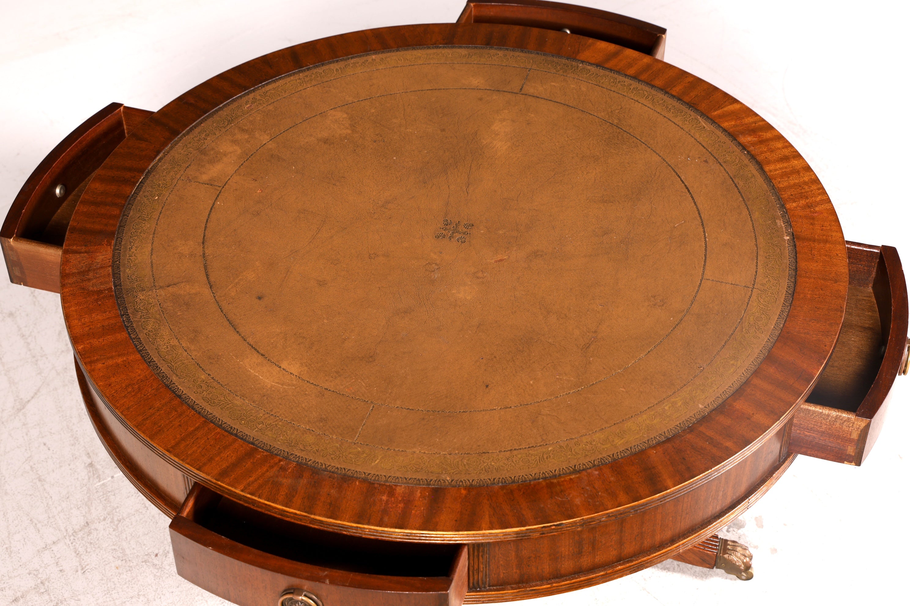 Wunderschöner Englischer Trommeltisch Couchtisch Mahagoni Regency Echt Lederauflage Drum Table Beistelltisch Antik Vintage