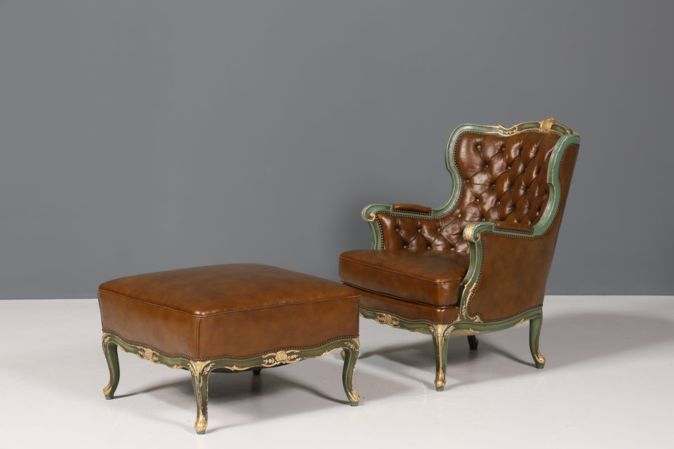 Wunderschöner königlicher Barock Sessel echt Leder Luxus Fussablage