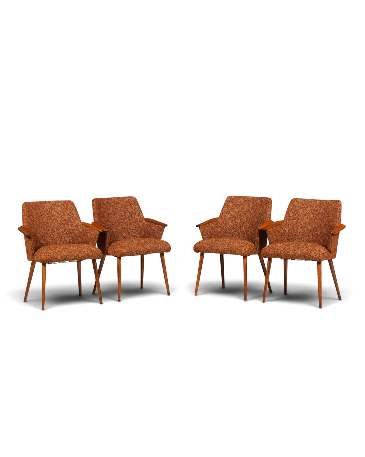 Hauptstadt Möblerei dört adet kahverengi desenli kumaş kaplamalı ahşap kollu ve konik ayaklı vintage Mid Century sandalye