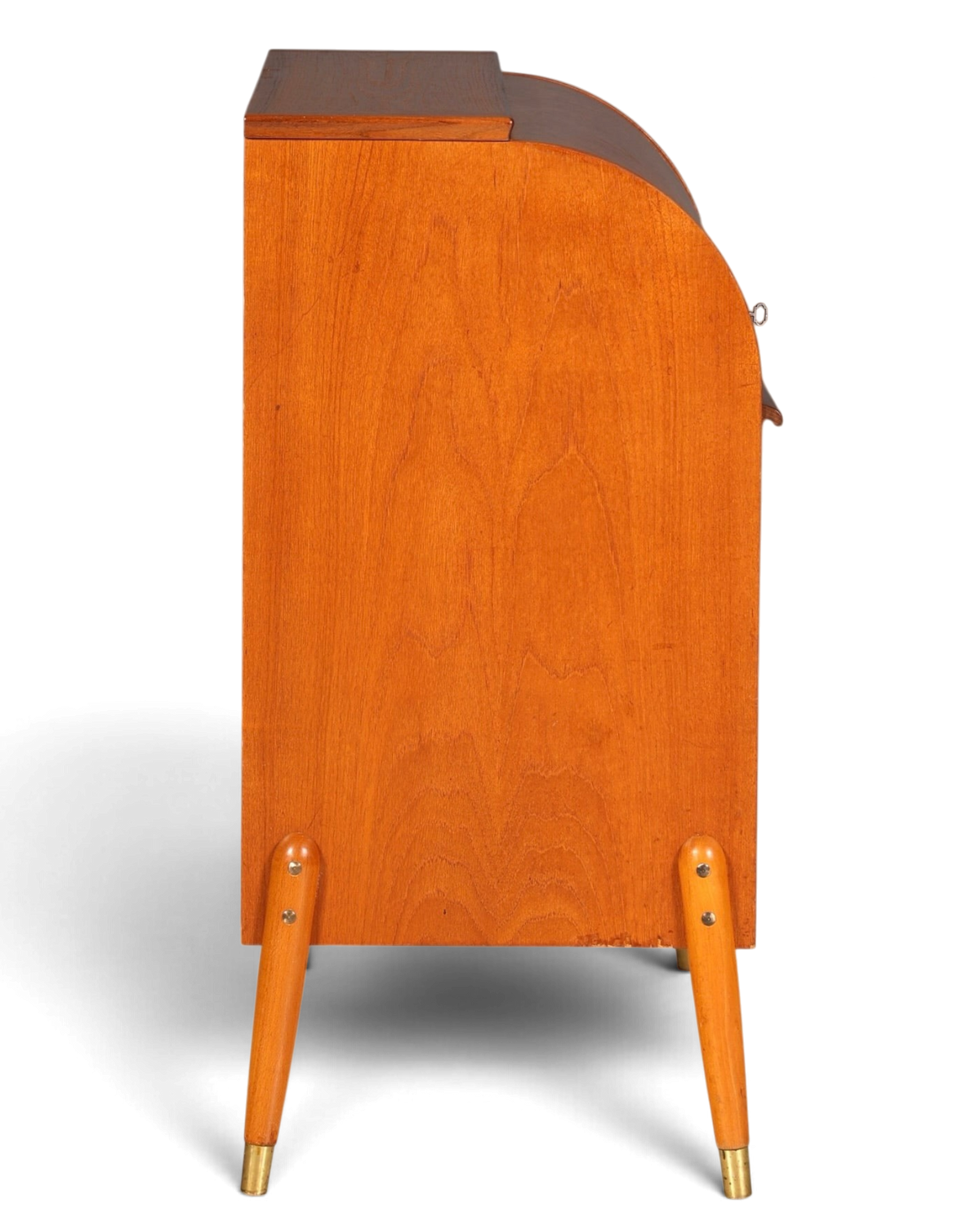 Hauptstadt Möblerei Mid Century Rollladen-Sekretär aus Holz mit konischen Beinen in Seitenansicht