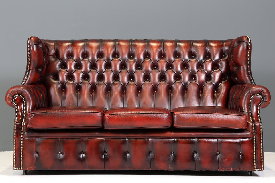 Original Chesterfield 3er Sofa Englisch Oxblood Leder